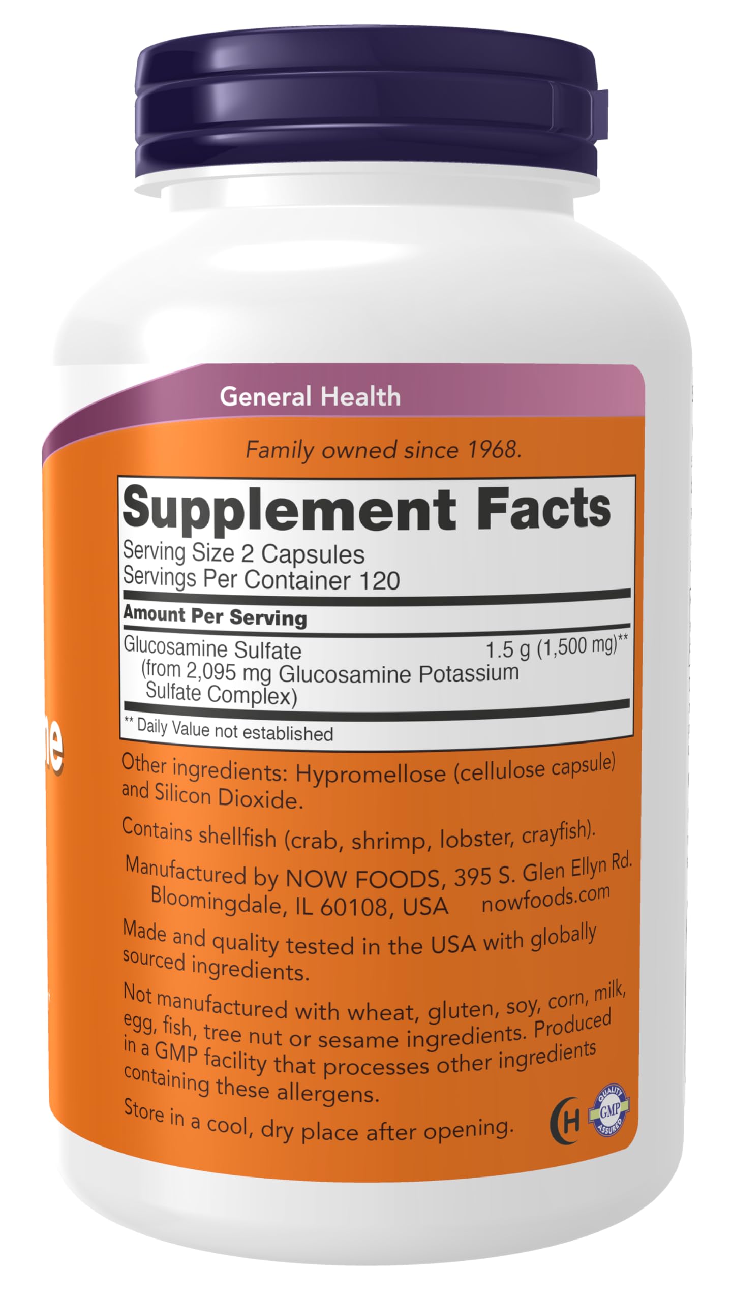 NOW Foods Glucosamine Sulfate 1500mg 60 Capsules side view