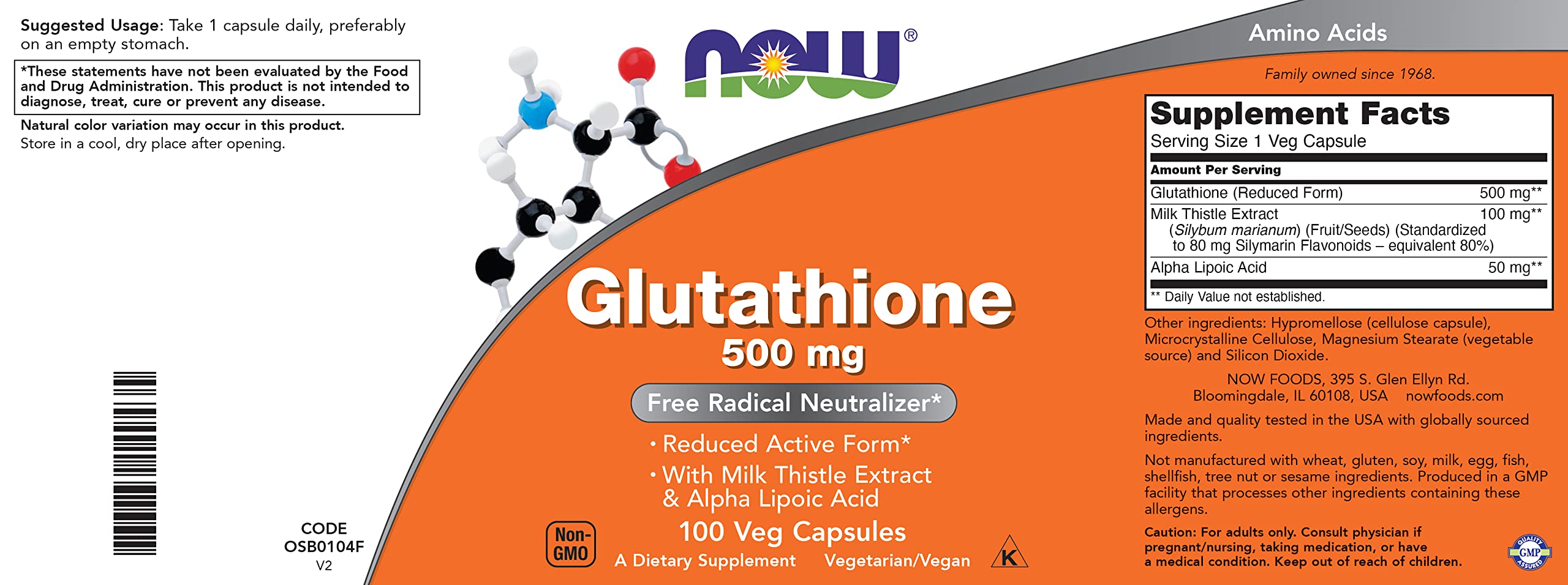 NOW Foods Glutathione 500mg bottle with cap open