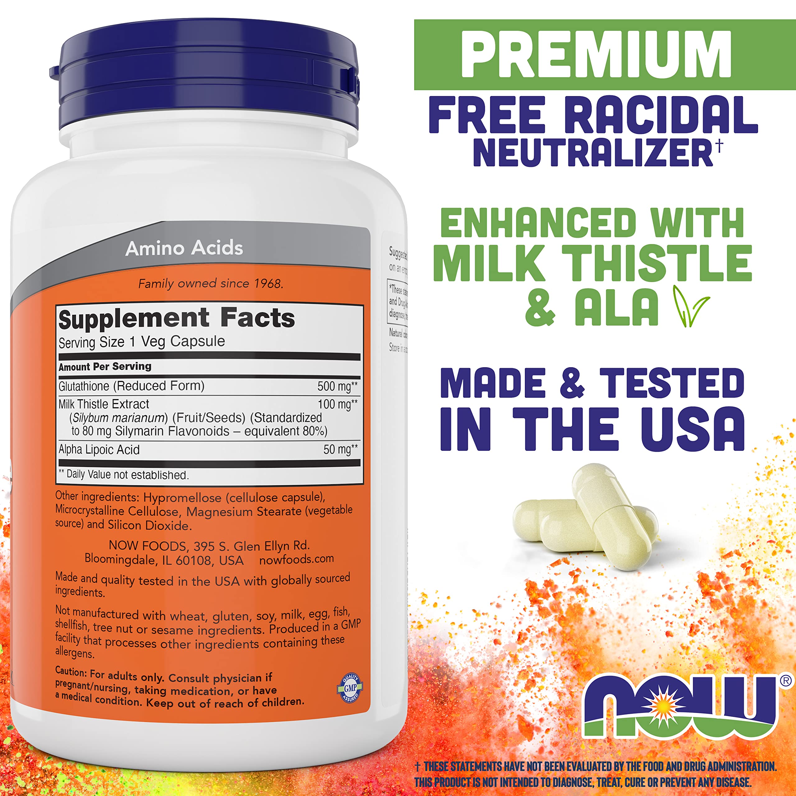 NOW Foods Glutathione 500mg side view with label