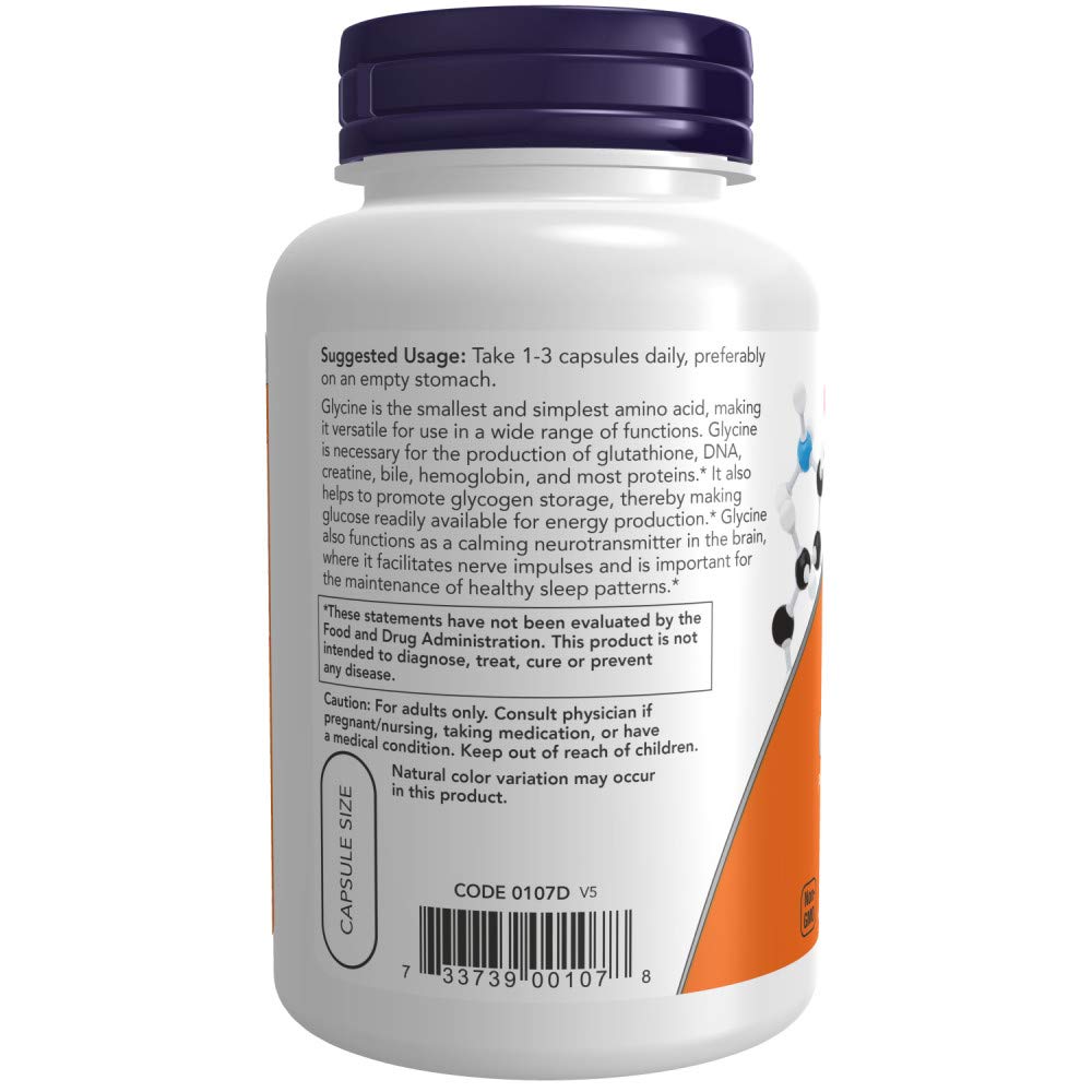 NOW Foods Glycine Capsules 1000mg bottle with label
