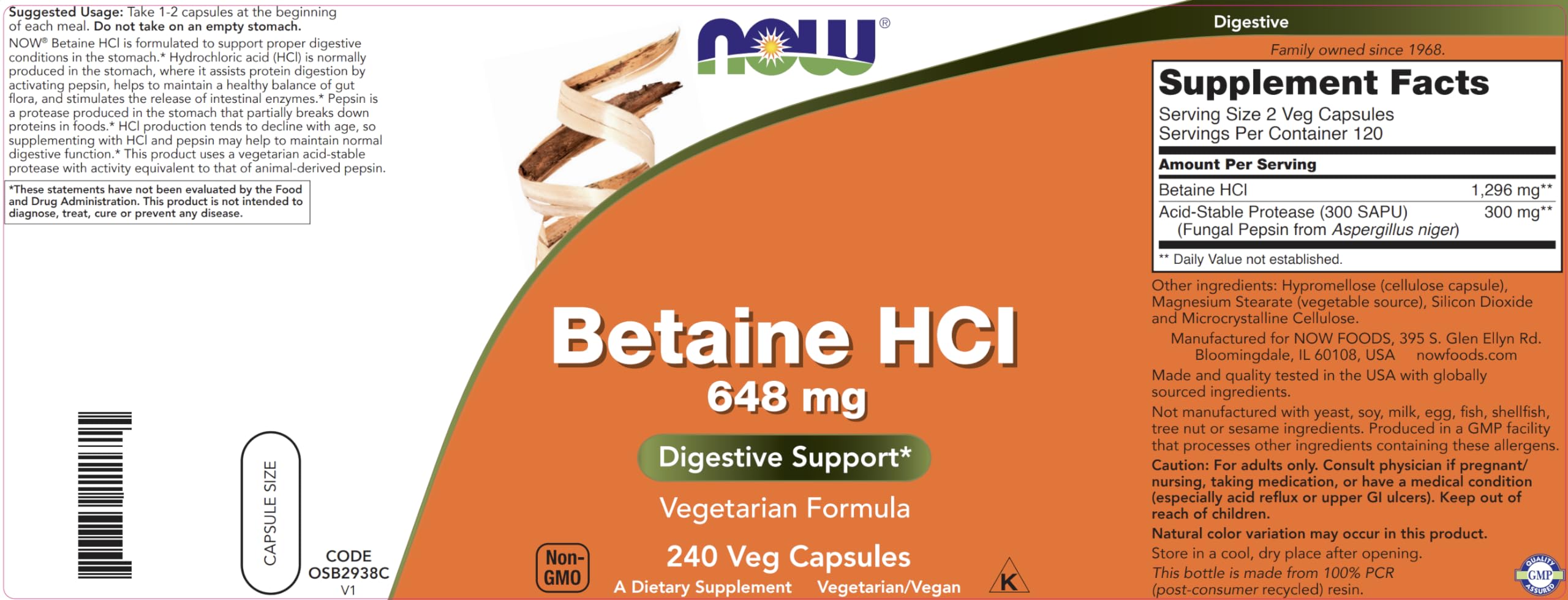 NOW Foods HCL Betaine 240 Veg Capsules close-up of capsules