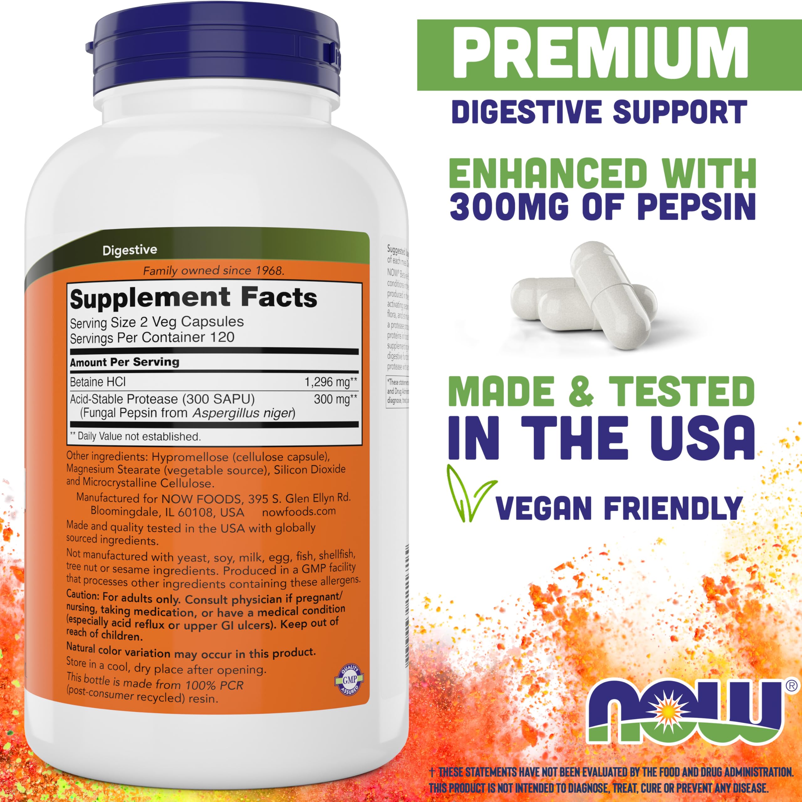 NOW Foods HCL Betaine 240 Veg Capsules side view