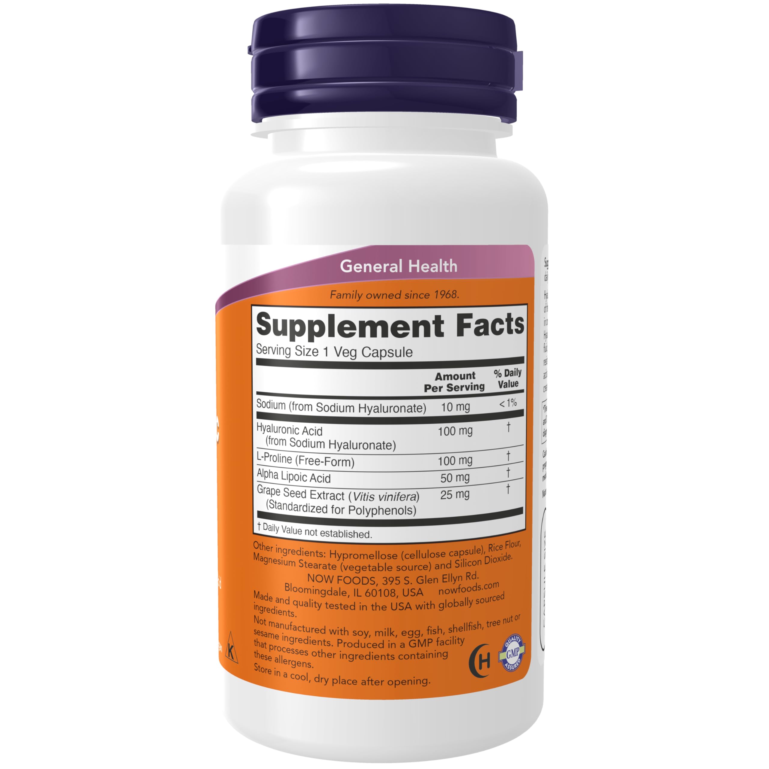 NOW Foods Hyaluronic Acid 100 mg supplement facts label