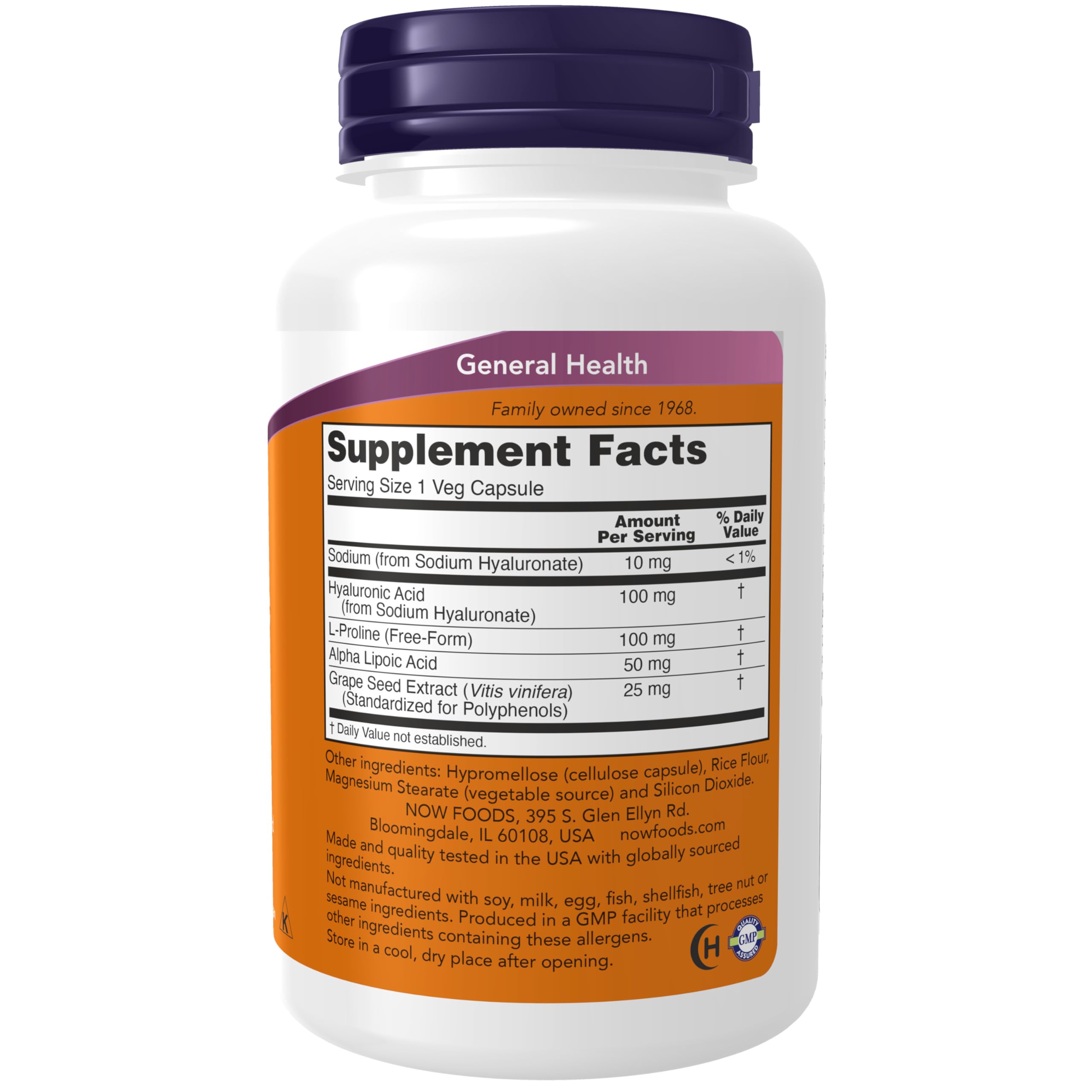 NOW Foods Hyaluronic Acid 100 mg Veggie Capsules side view