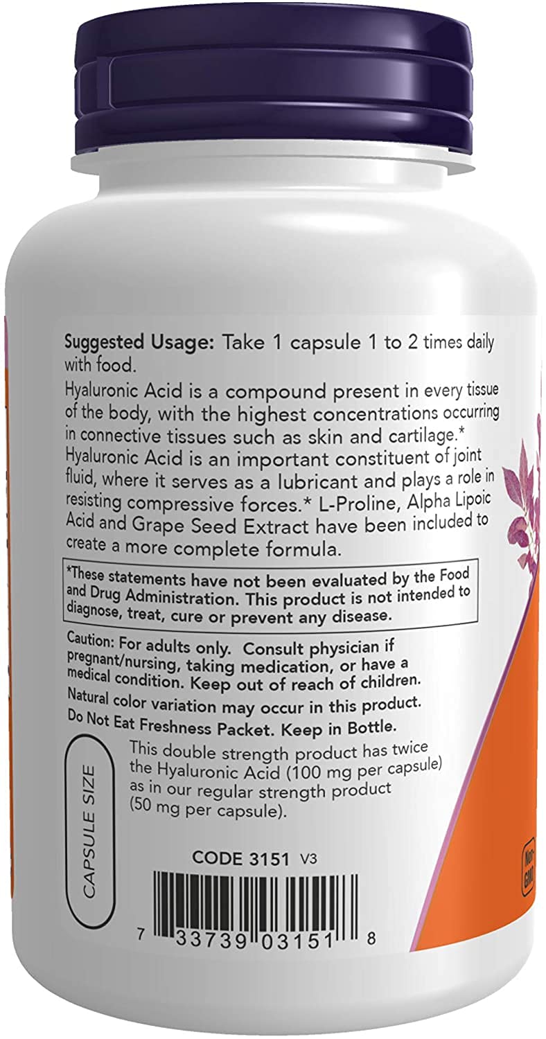 NOW Foods Hyaluronic Acid 100mg veggie capsules packaging