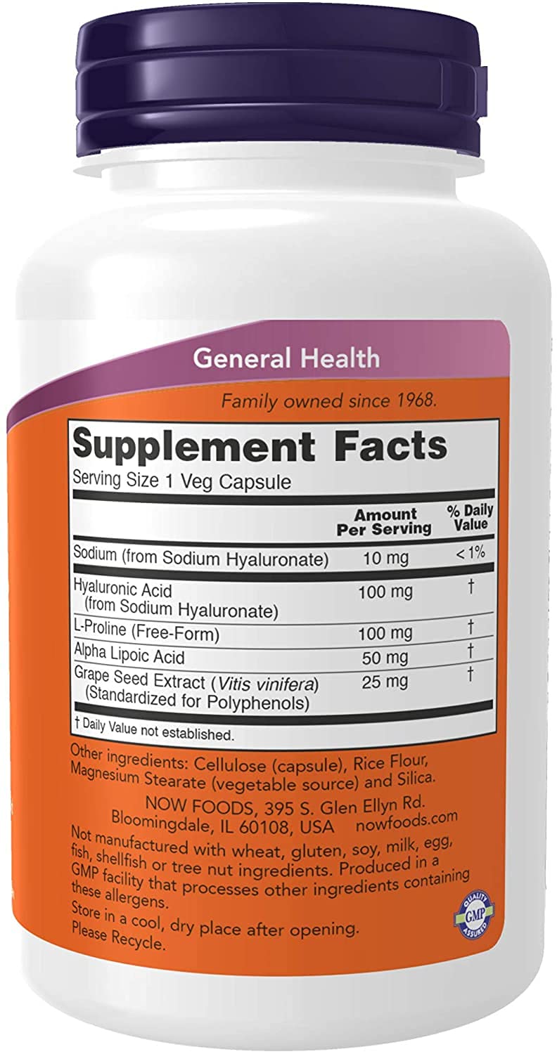 NOW Foods Hyaluronic Acid 100mg veggie capsules side view
