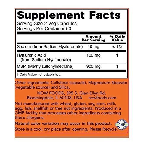 NOW Foods Hyaluronic Acid and MSM capsules packaging on a table