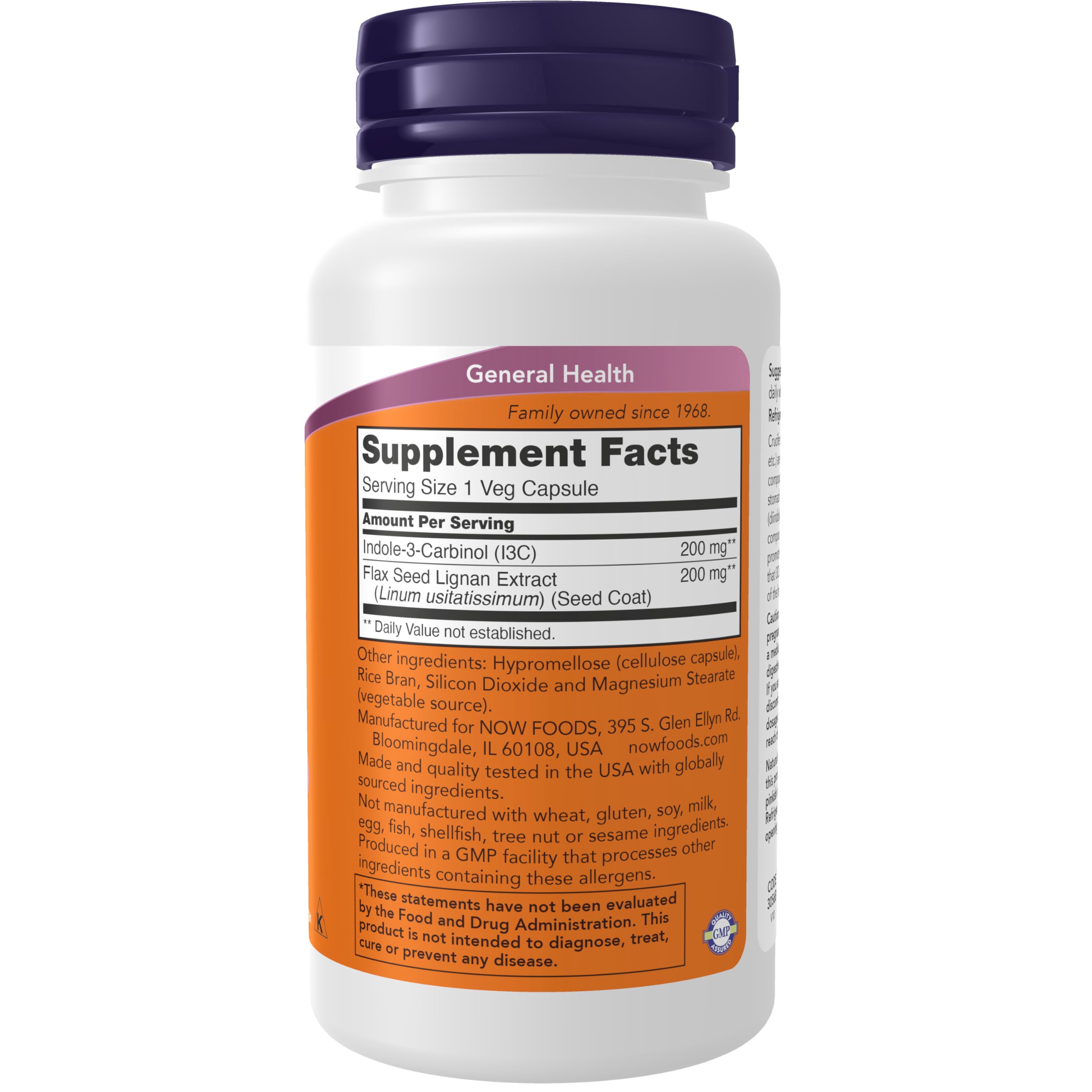 NOW Foods Indole-3-Carbinol 200mg 60 Veg Capsules side view