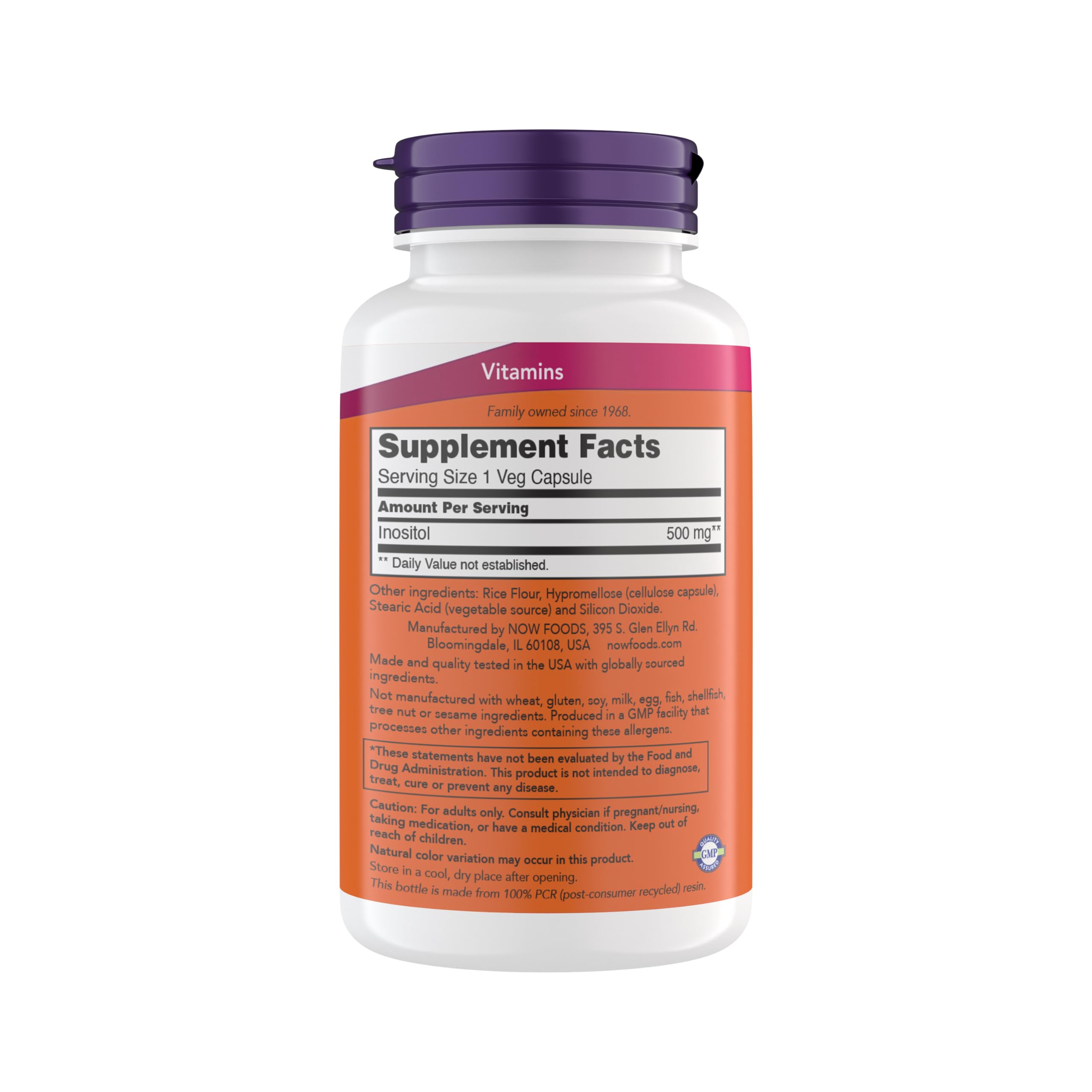 NOW Foods Inositol 198g Myo-Inositol Capsules side view