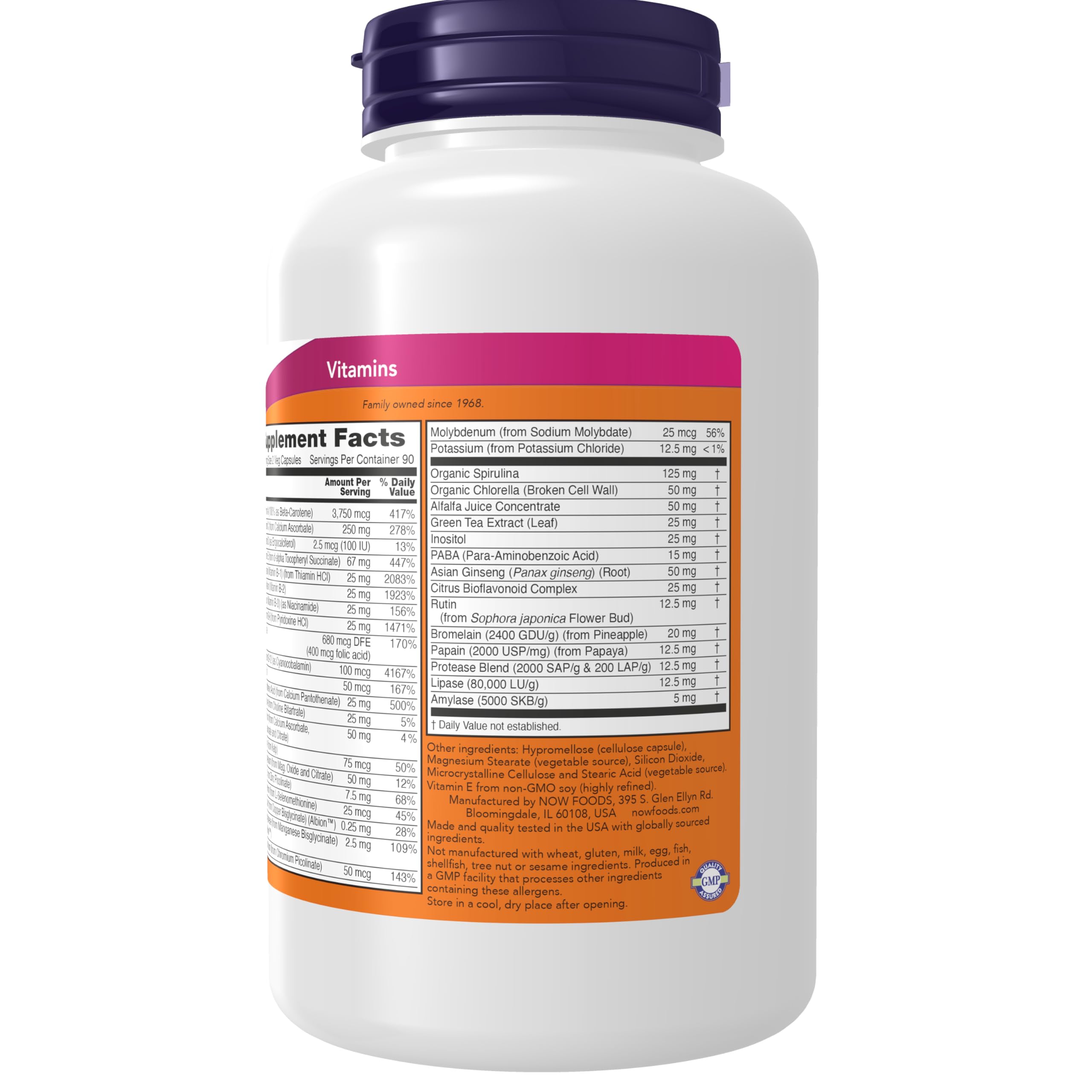 NOW Foods Iron-Free Multivitamin back view with ingredient list