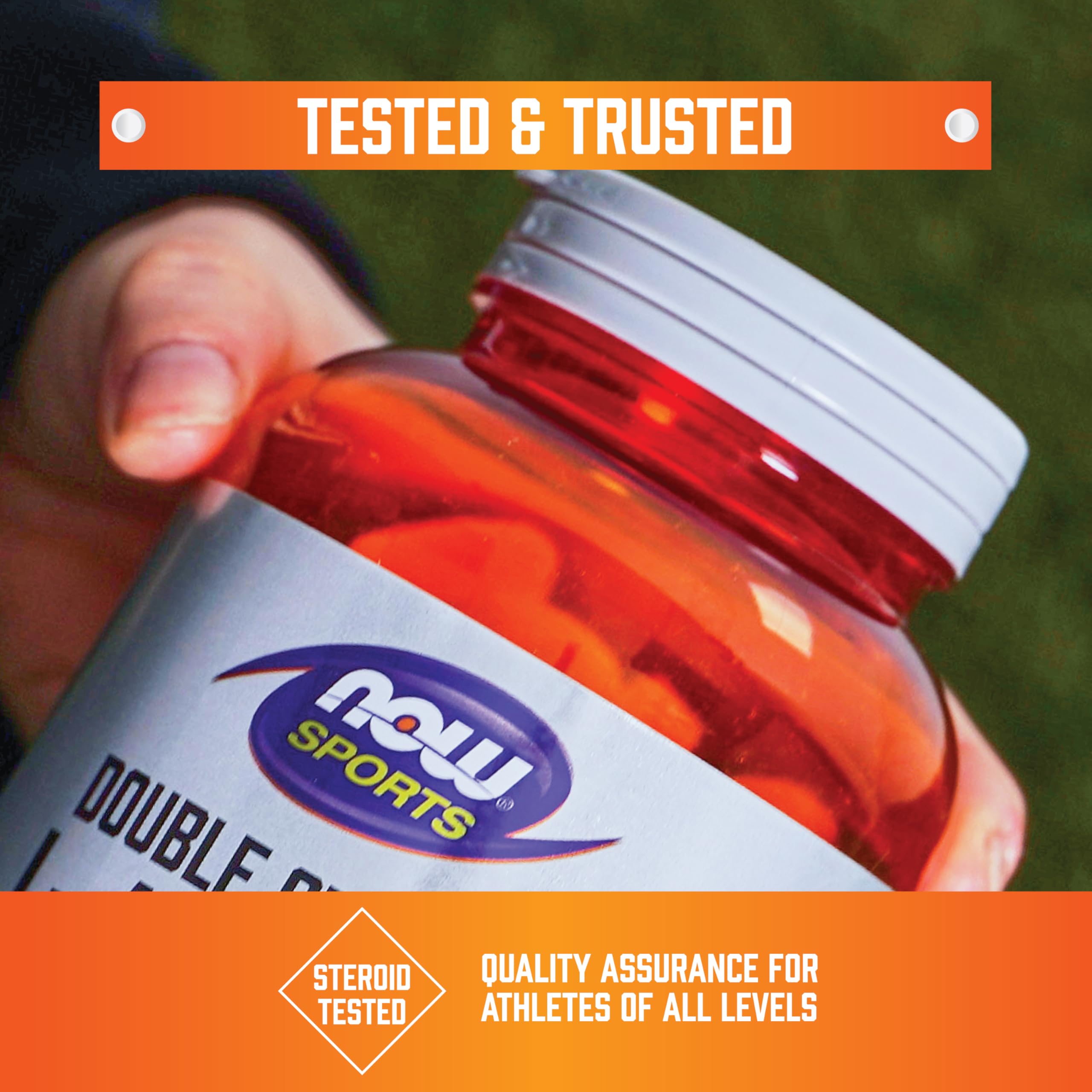 NOW Foods L-Arginine 290g supplement on a wooden table