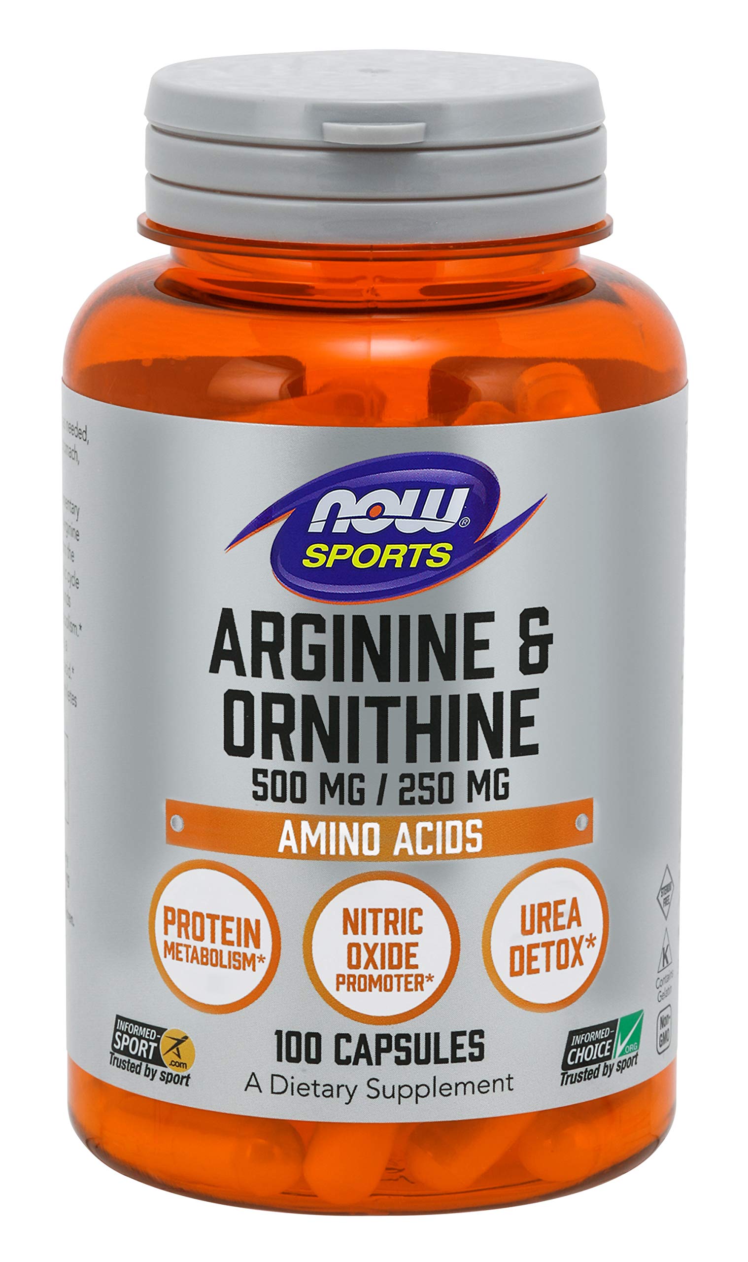 NOW Foods L-Arginine 500mg supplement capsule bottle front view