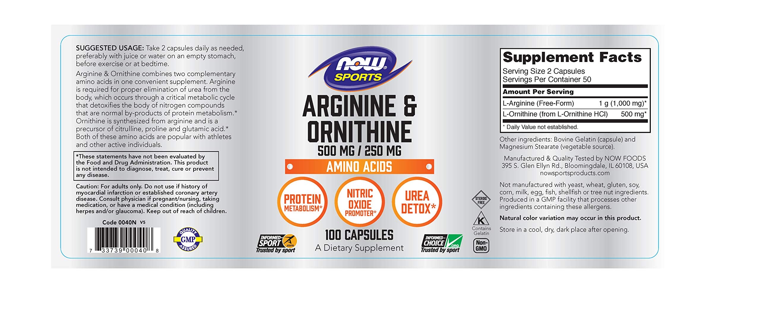NOW Foods L-Arginine 500mg supplement capsule bottle side view