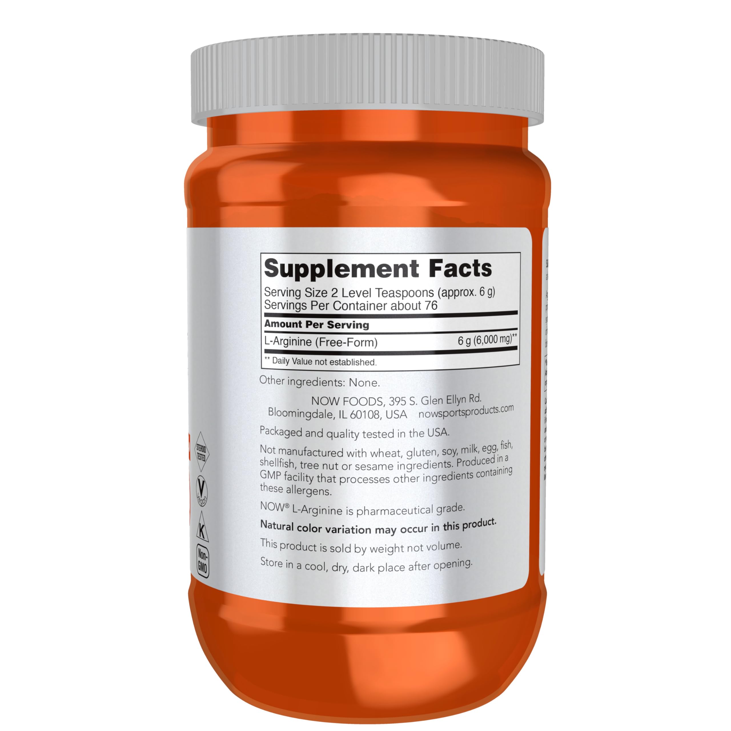 NOW Foods L-Arginine 535g powder packaging details