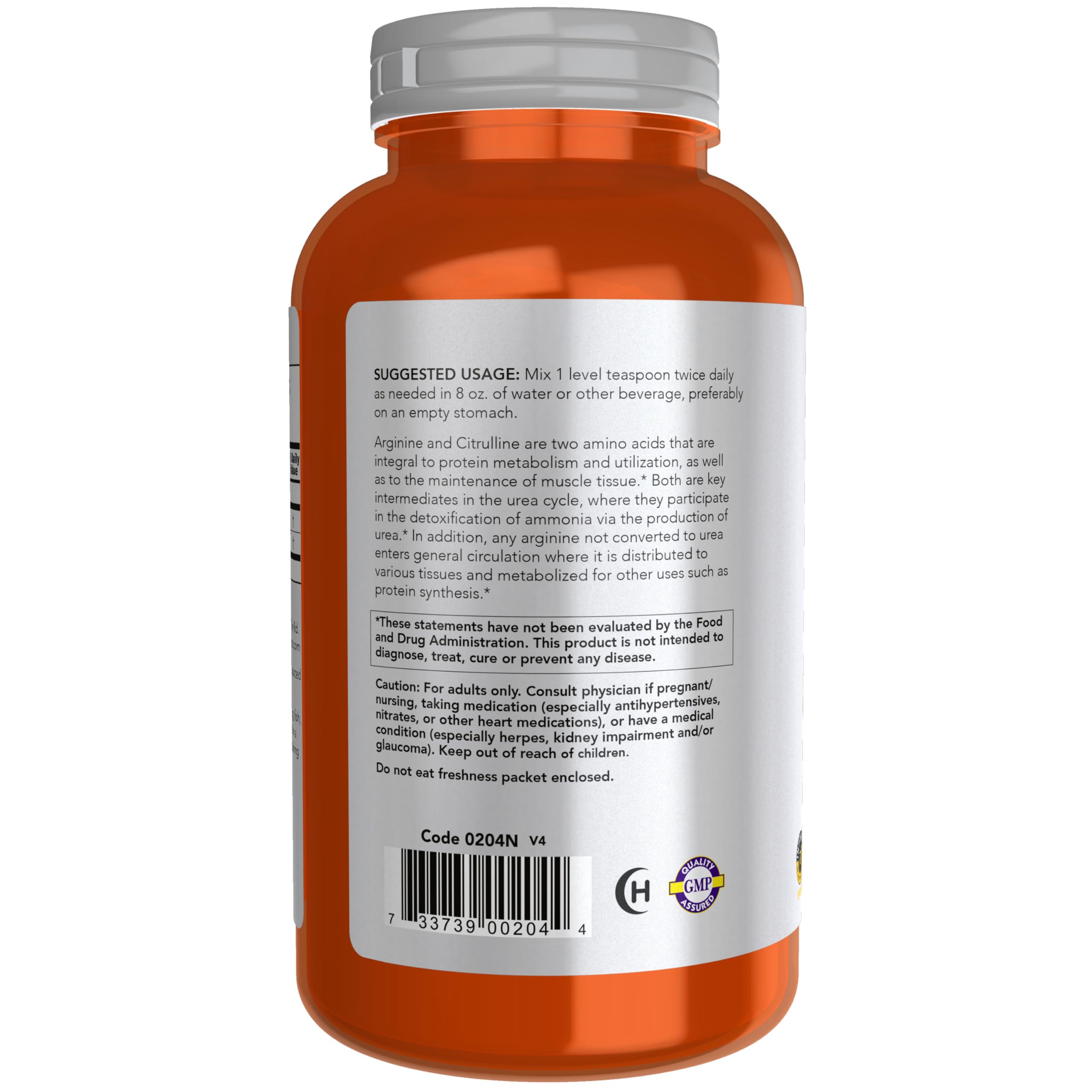 NOW Foods L-Arginine and L-Citrulline 300g Powder back view
