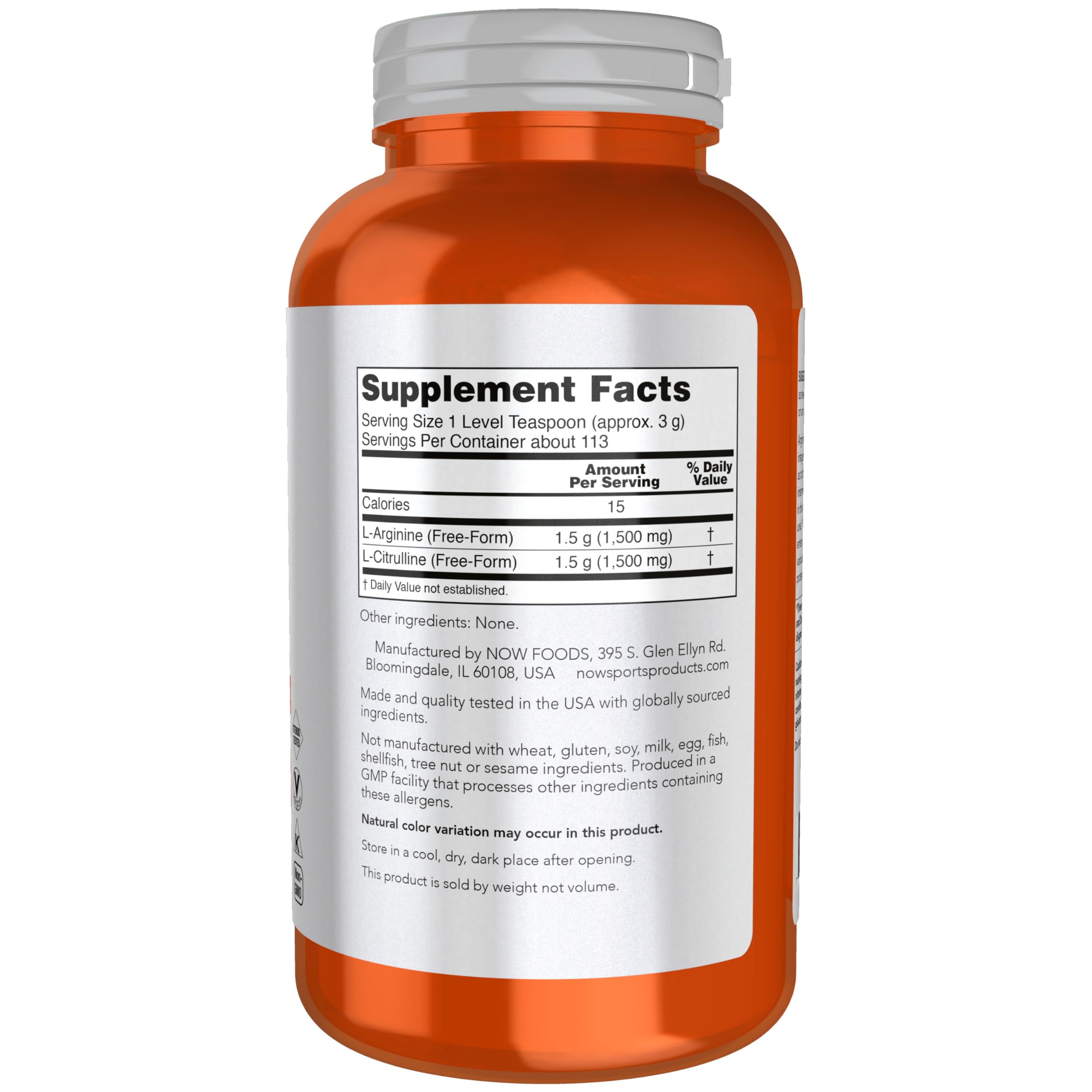 NOW Foods L-Arginine and L-Citrulline 300g Powder side view