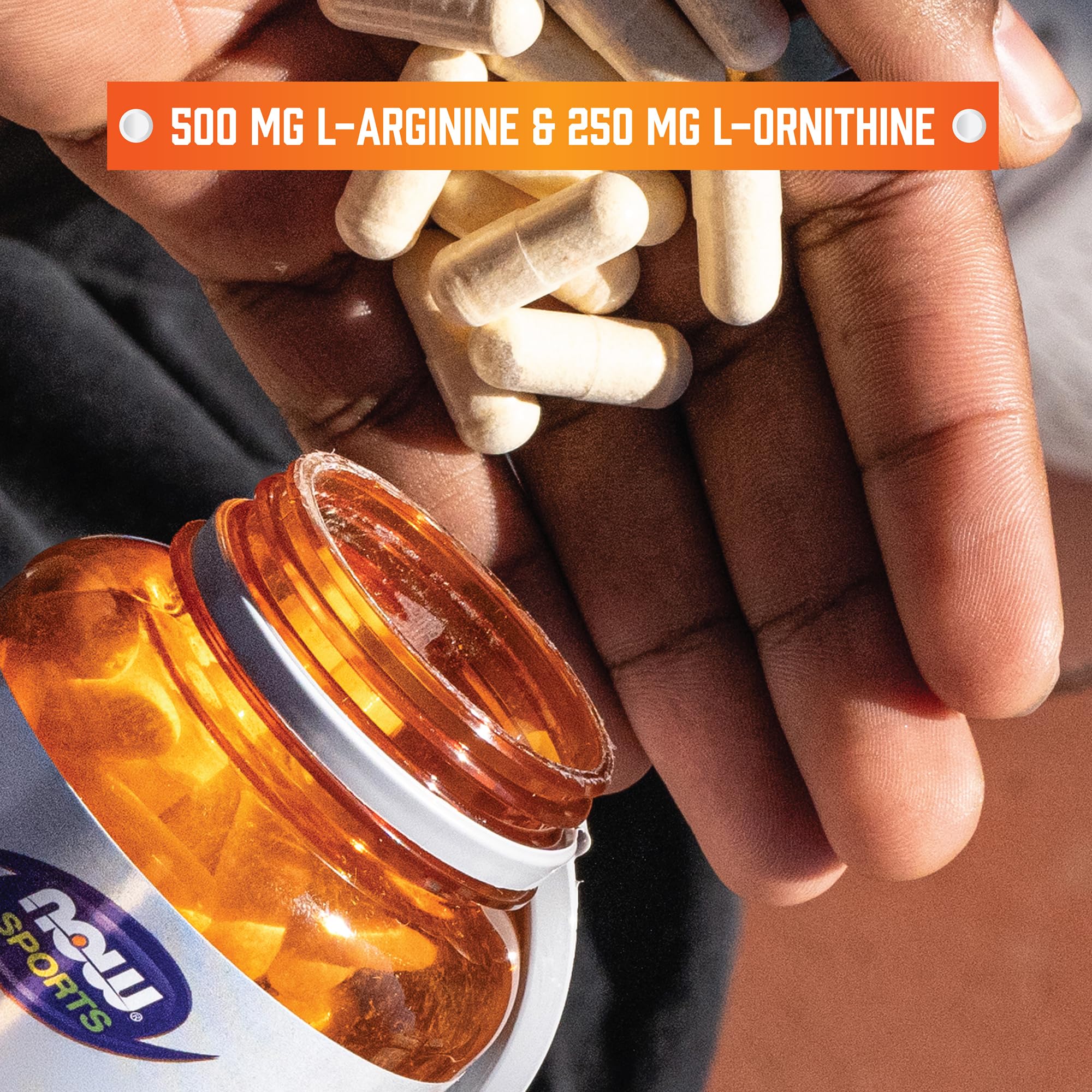 NOW Foods L-Arginine & Ornithine supplement capsule close-up