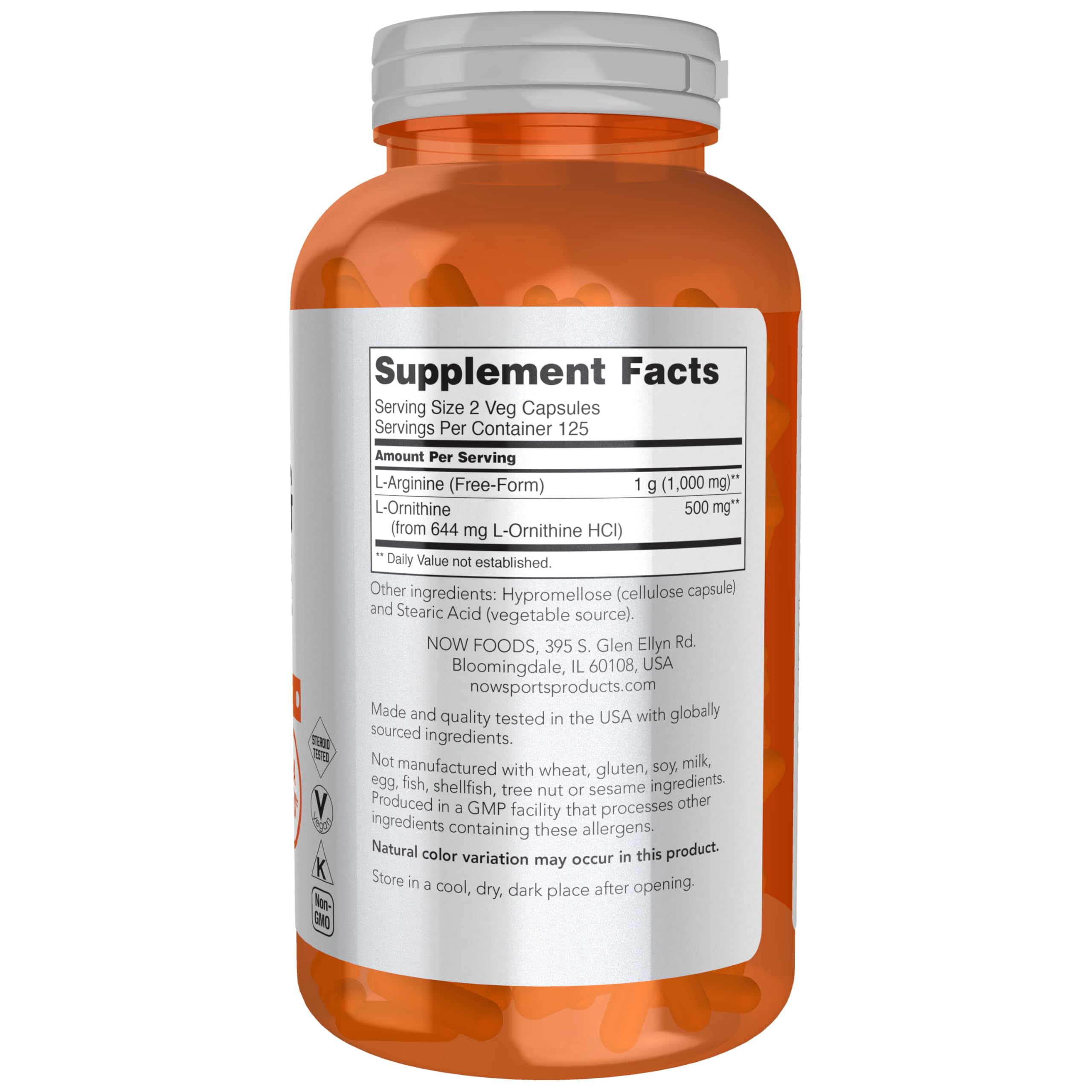 NOW Foods L-Arginine & Ornithine supplement side view