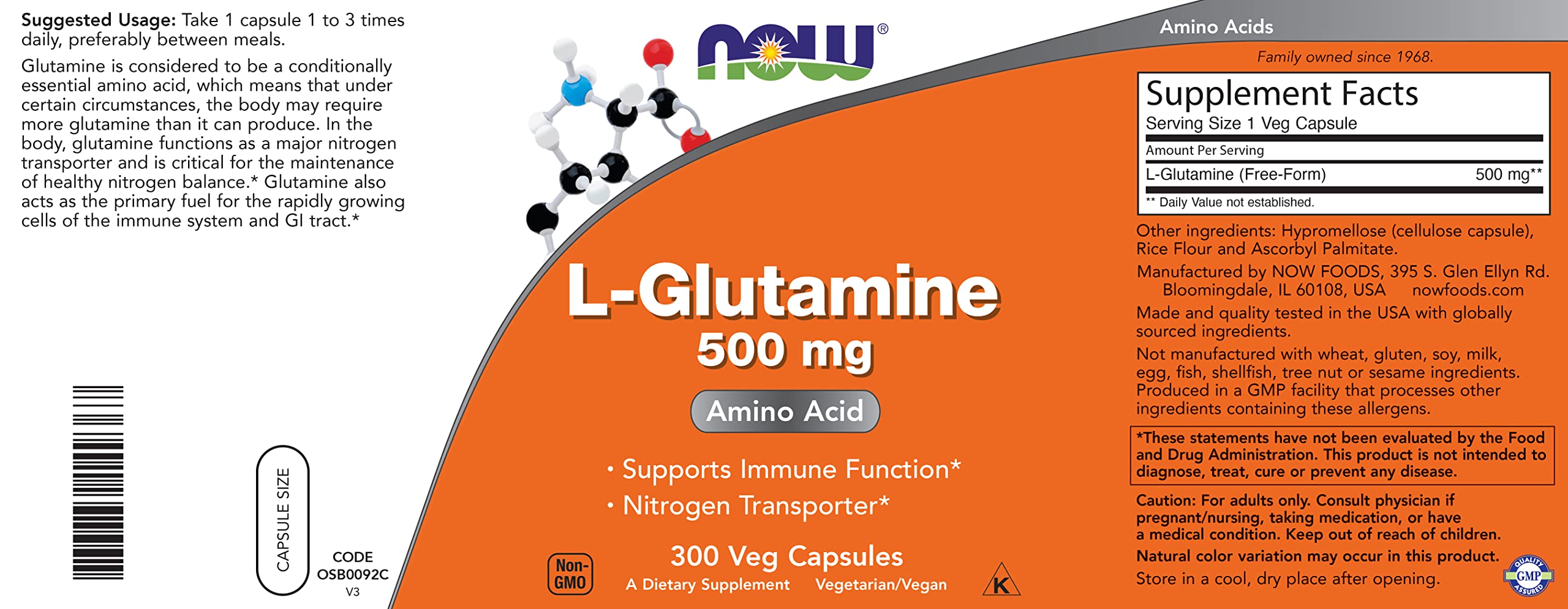 NOW Foods L-Glutamine 500 mg capsules in a hand