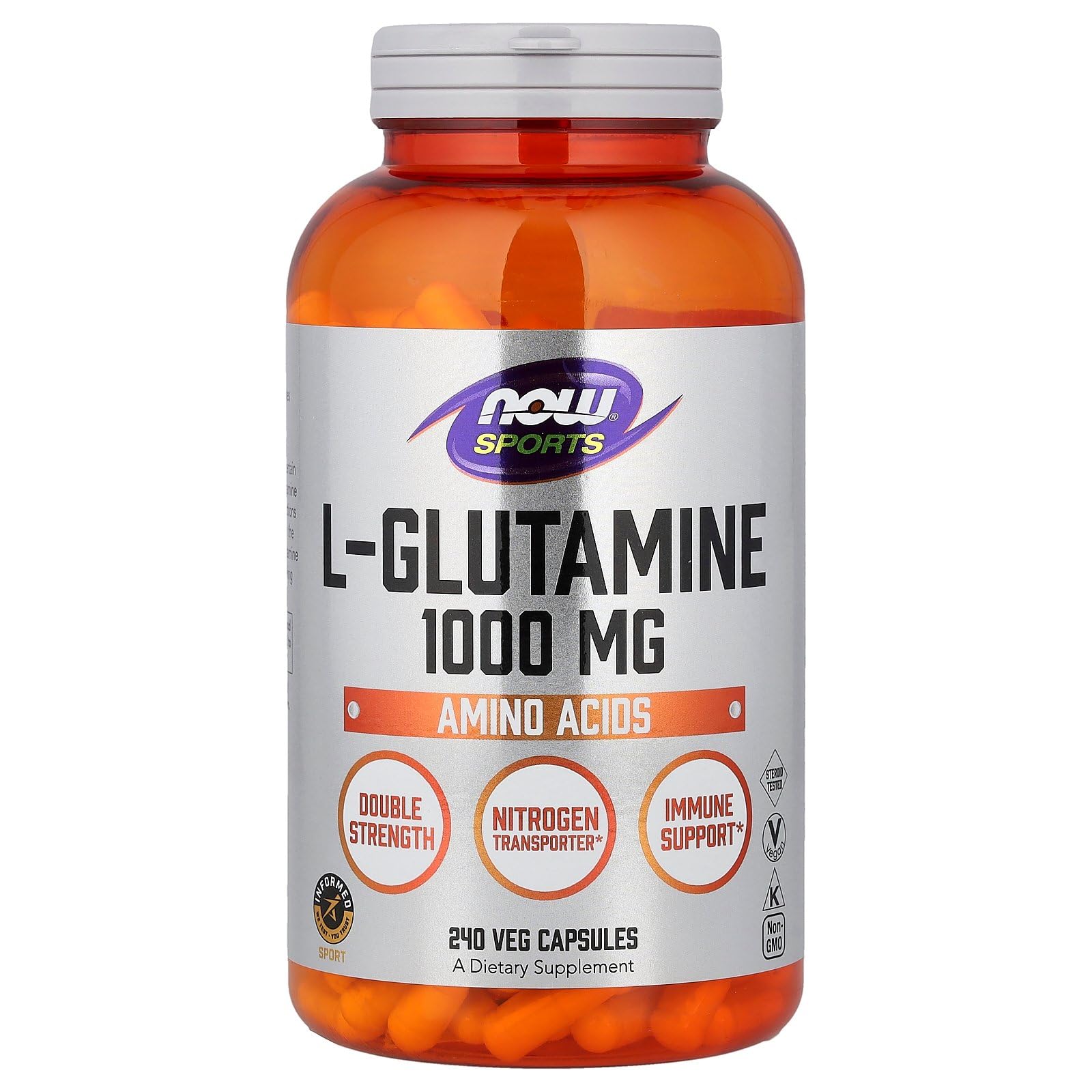 NOW Foods L-Glutamine Double Strength 1000mg 120 Capsules front view