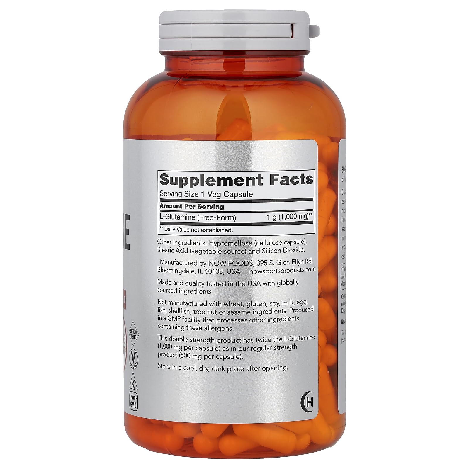 NOW Foods L-Glutamine Double Strength 1000mg 120 Capsules label close-up
