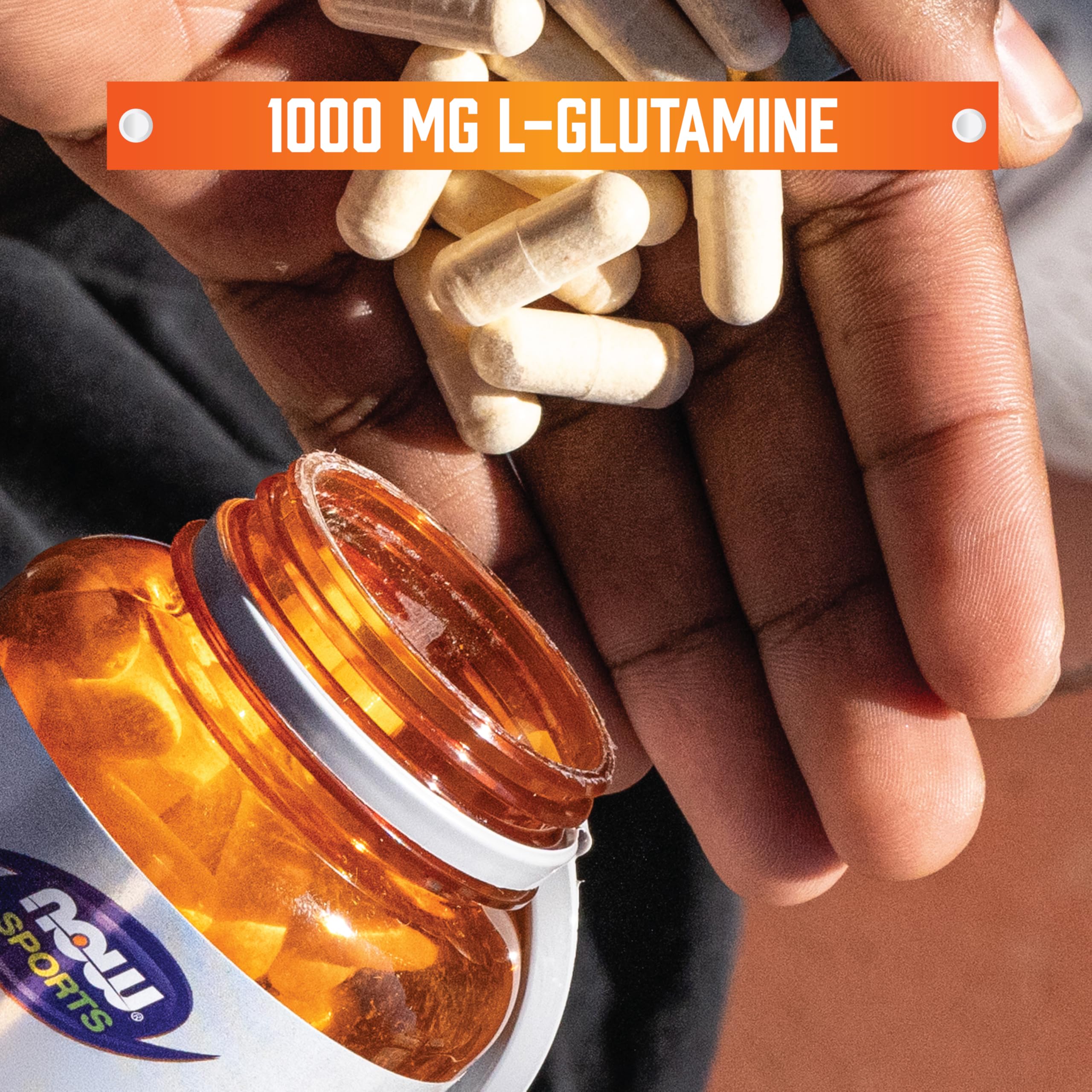 NOW Foods L-Glutamine Double Strength 1000mg capsules on a table