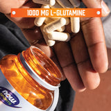 NOW Foods L-Glutamine Double Strength 1000mg capsules on a table