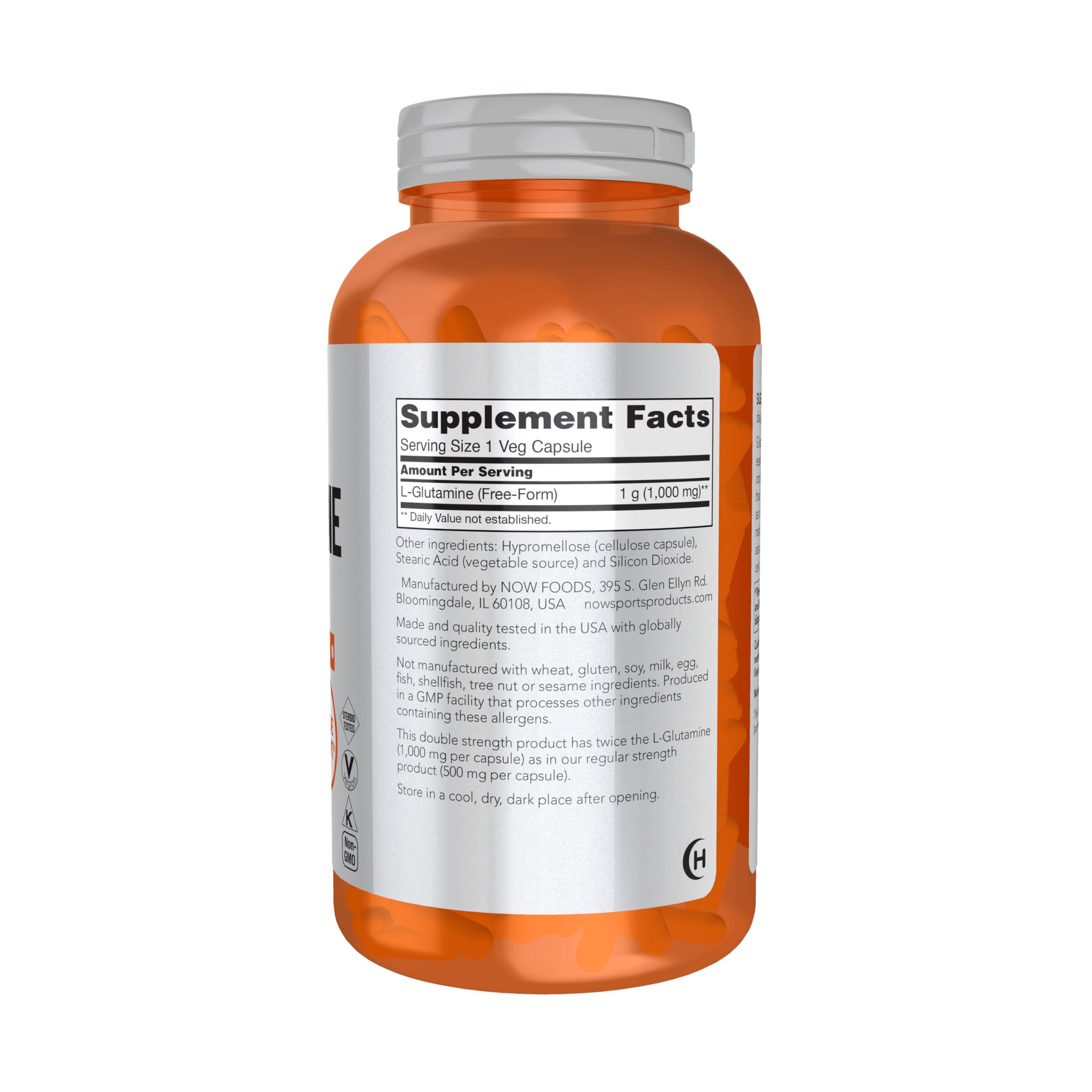 NOW Foods L-Glutamine Double Strength 1000mg capsules side view