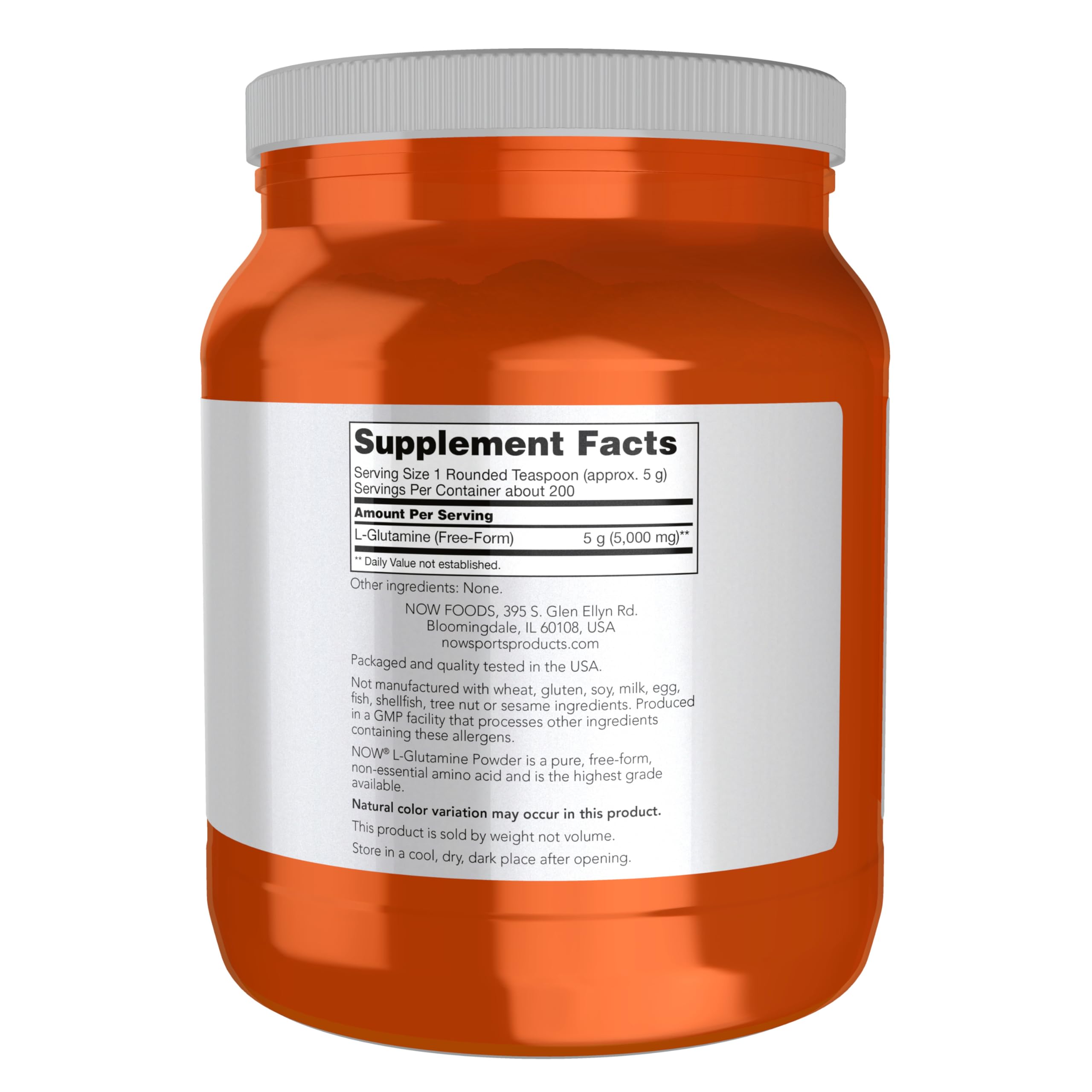 NOW Foods L-Glutamine Powder 1001g back view with nutritional information