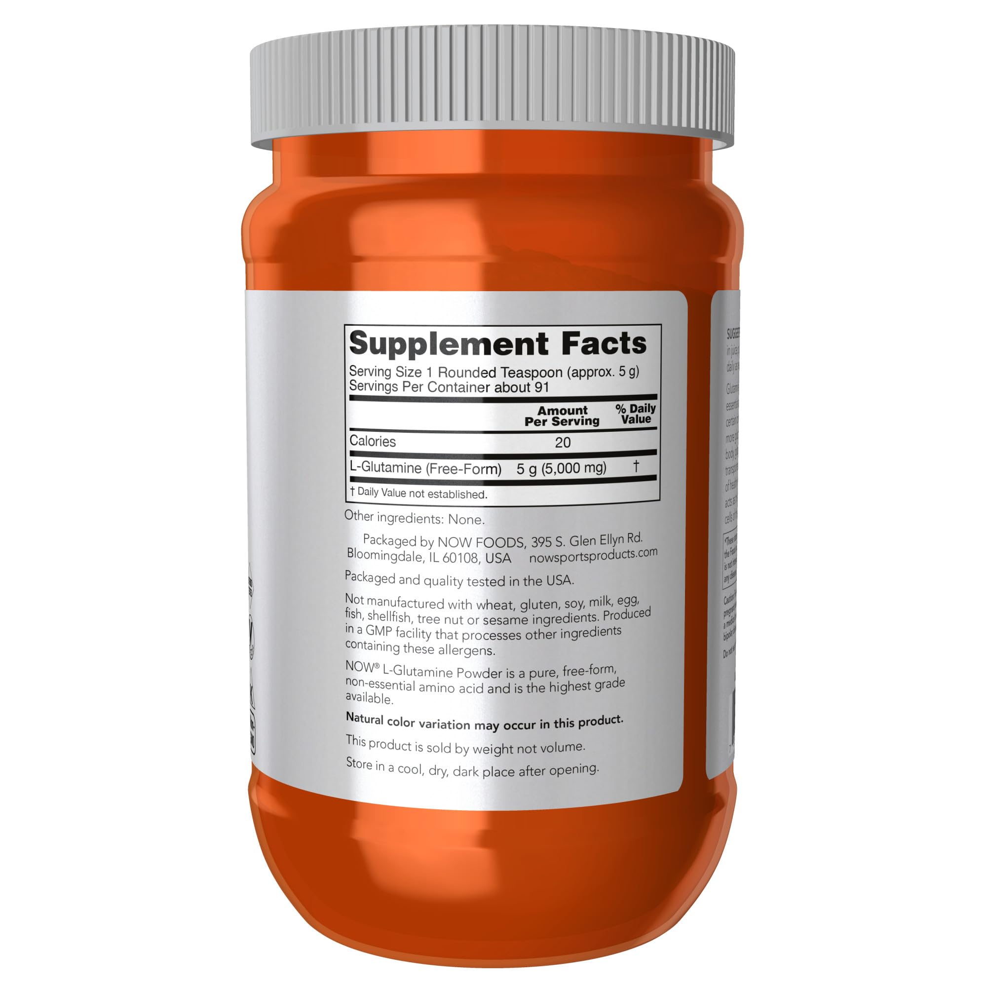 NOW Foods L-Glutamine Powder 454g back view with nutritional information