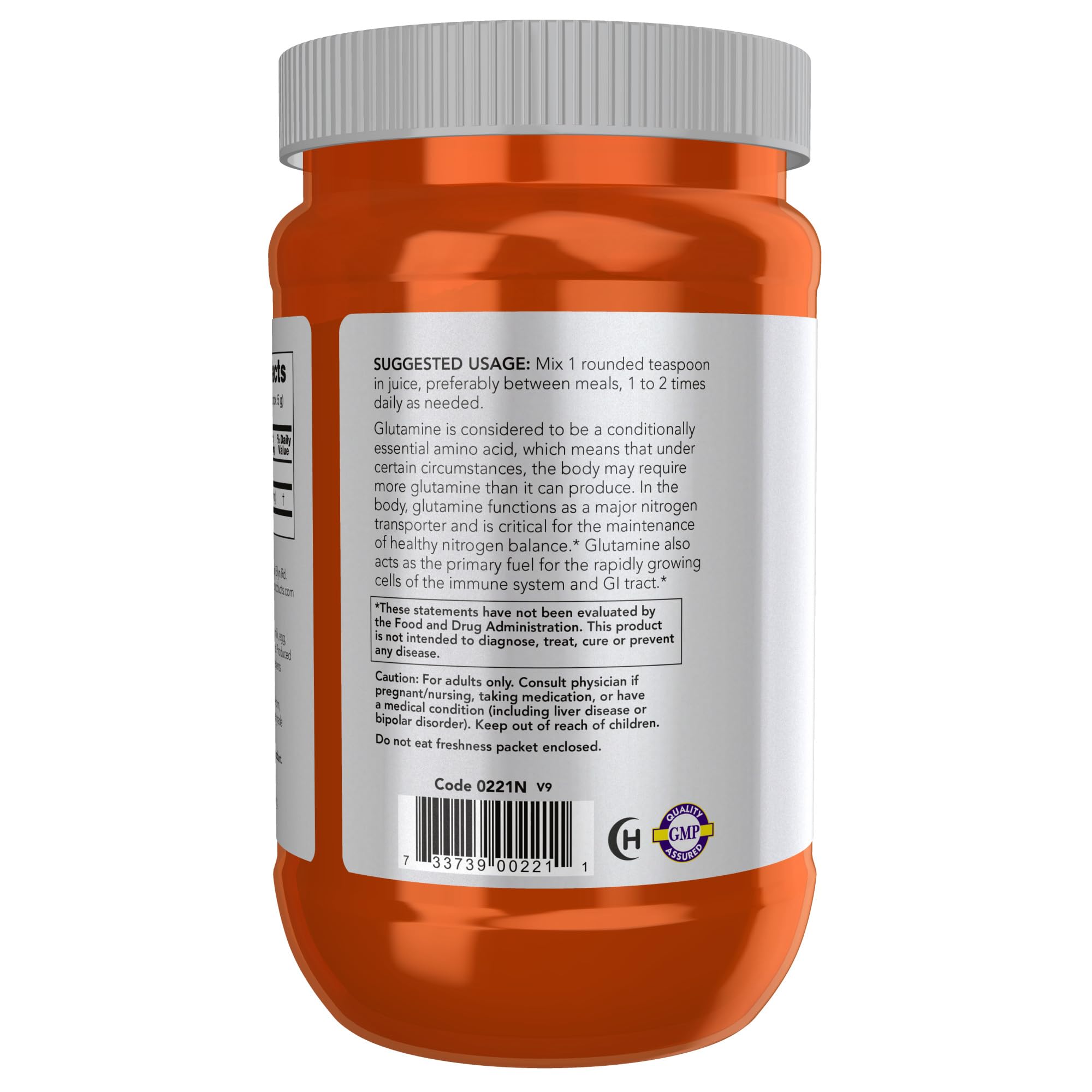 NOW Foods L-Glutamine Powder 454g side view showing packaging