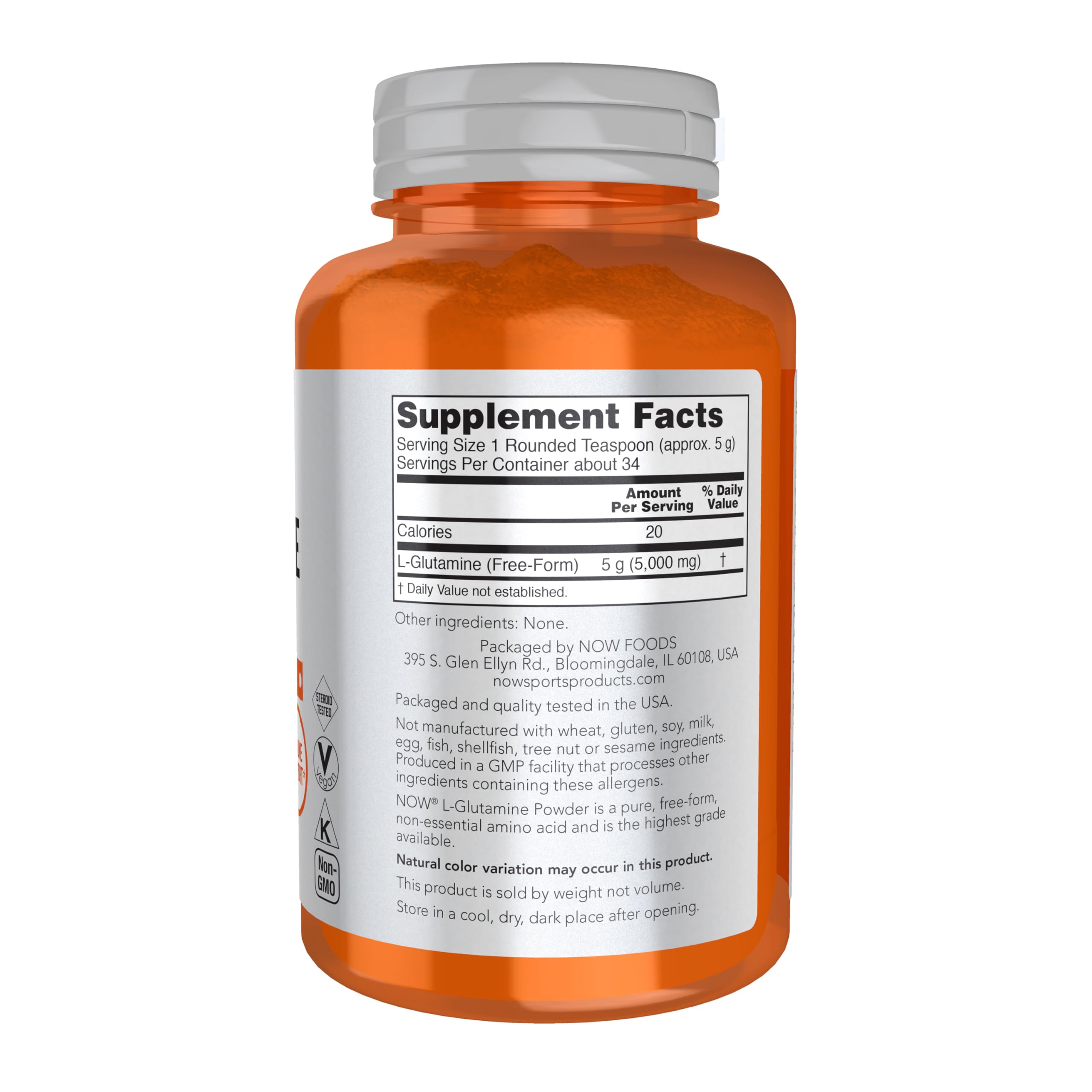 NOW Foods L-Glutamine Pure Powder 6 oz back view with nutritional information