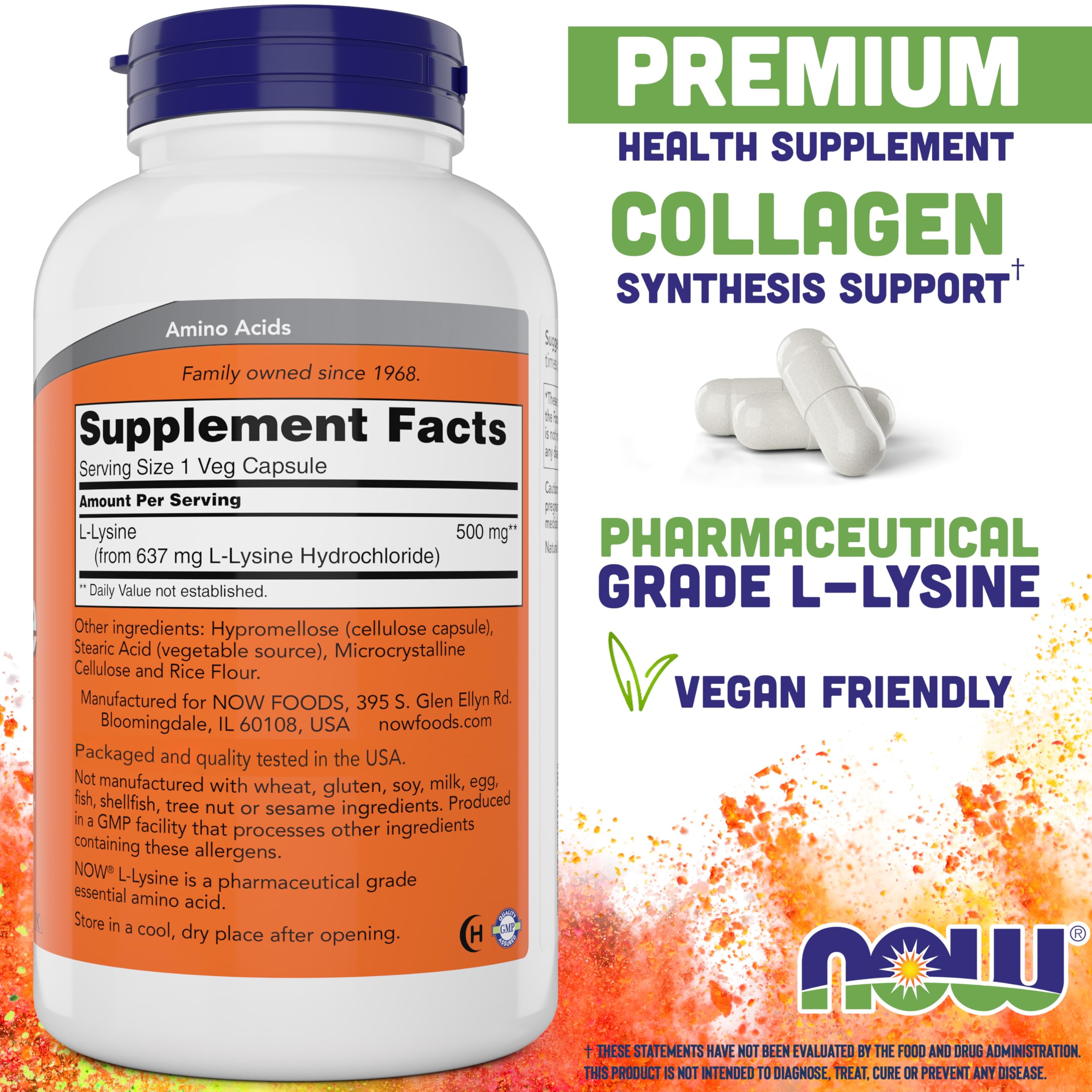 NOW Foods L-Lysine 500 mg 360 Capsules side view