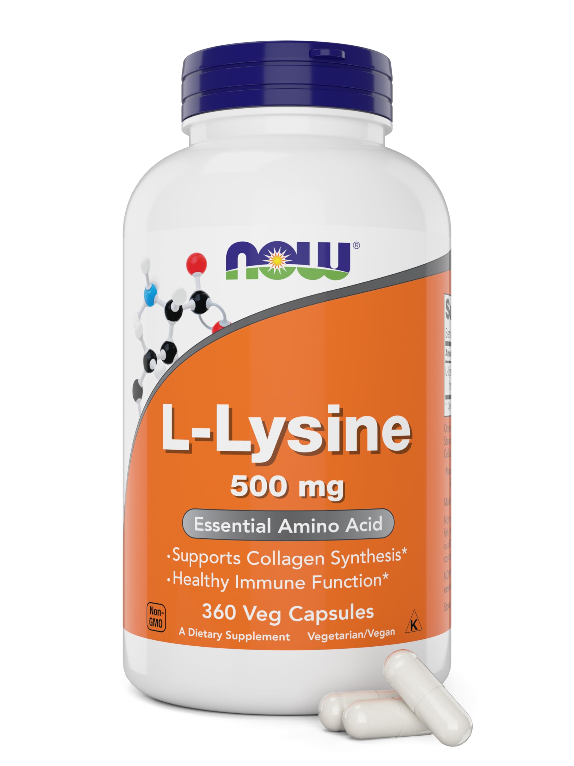 NOW Foods L-Lysine 500 mg 360 vegetarian capsules front view