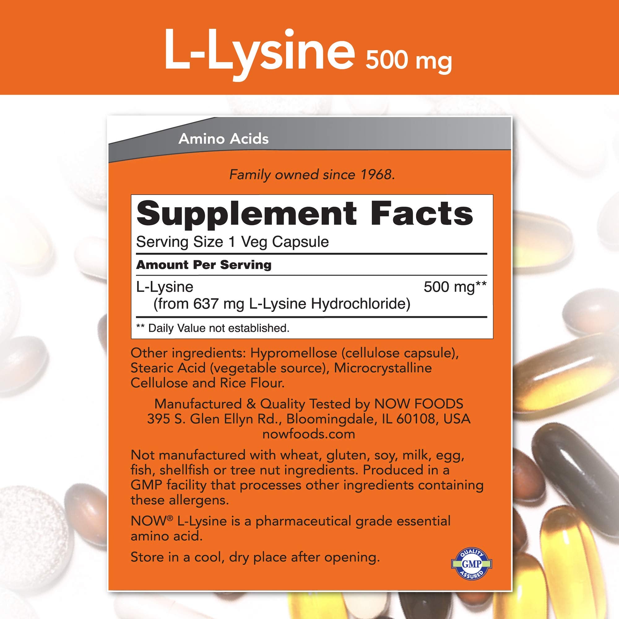 NOW Foods L-Lysine 567g capsule close-up