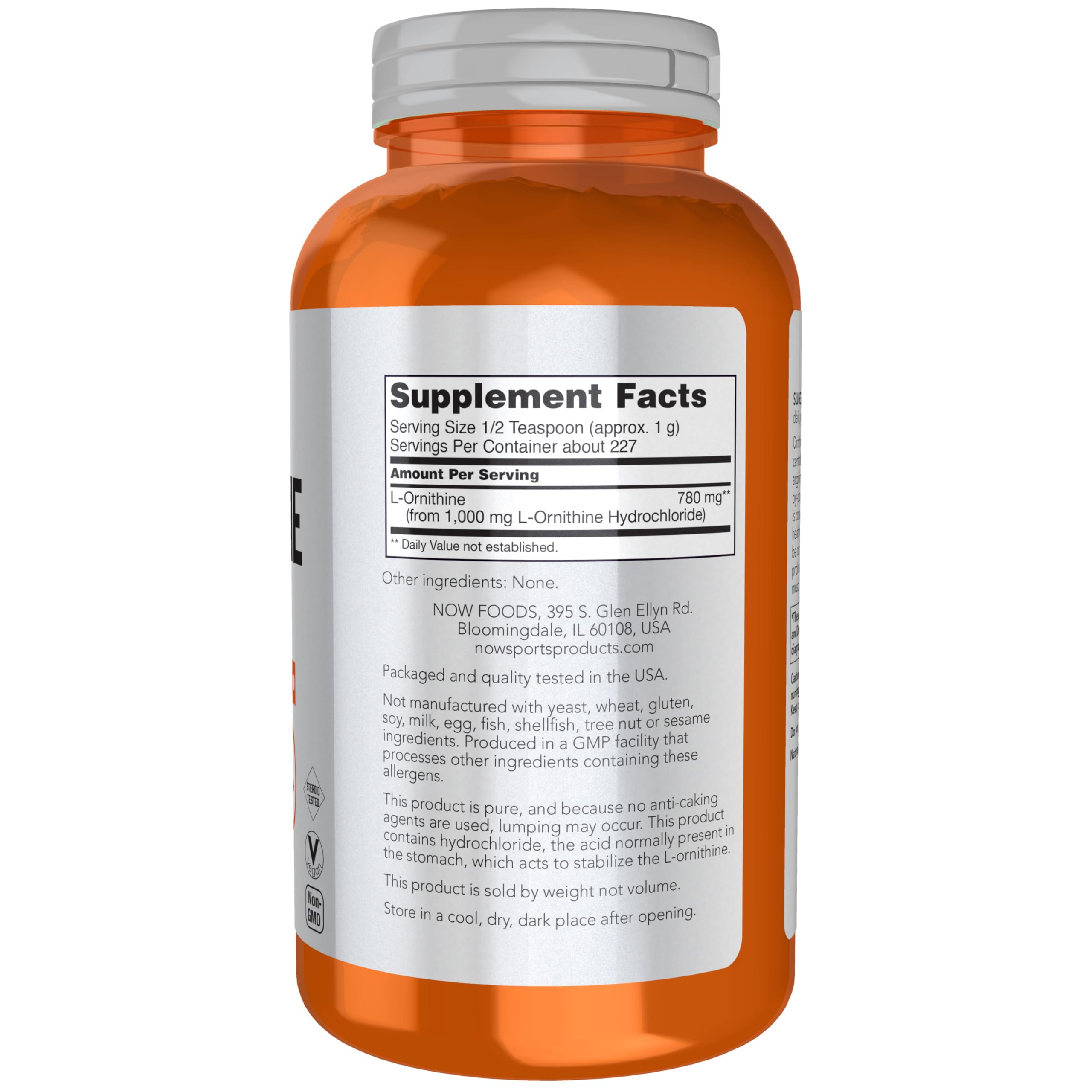 NOW Foods L-Ornithine Supplement 299g side view