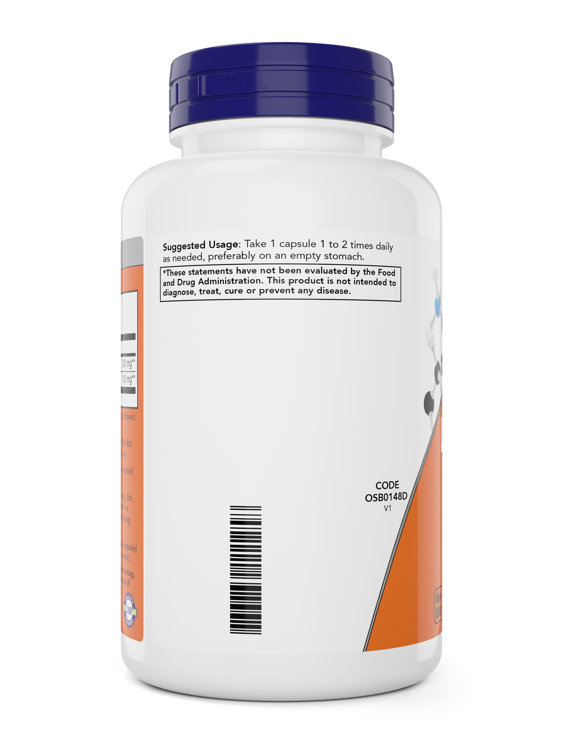 NOW Foods L-Theanine 200 mg 180 Veg Capsules bottle with label