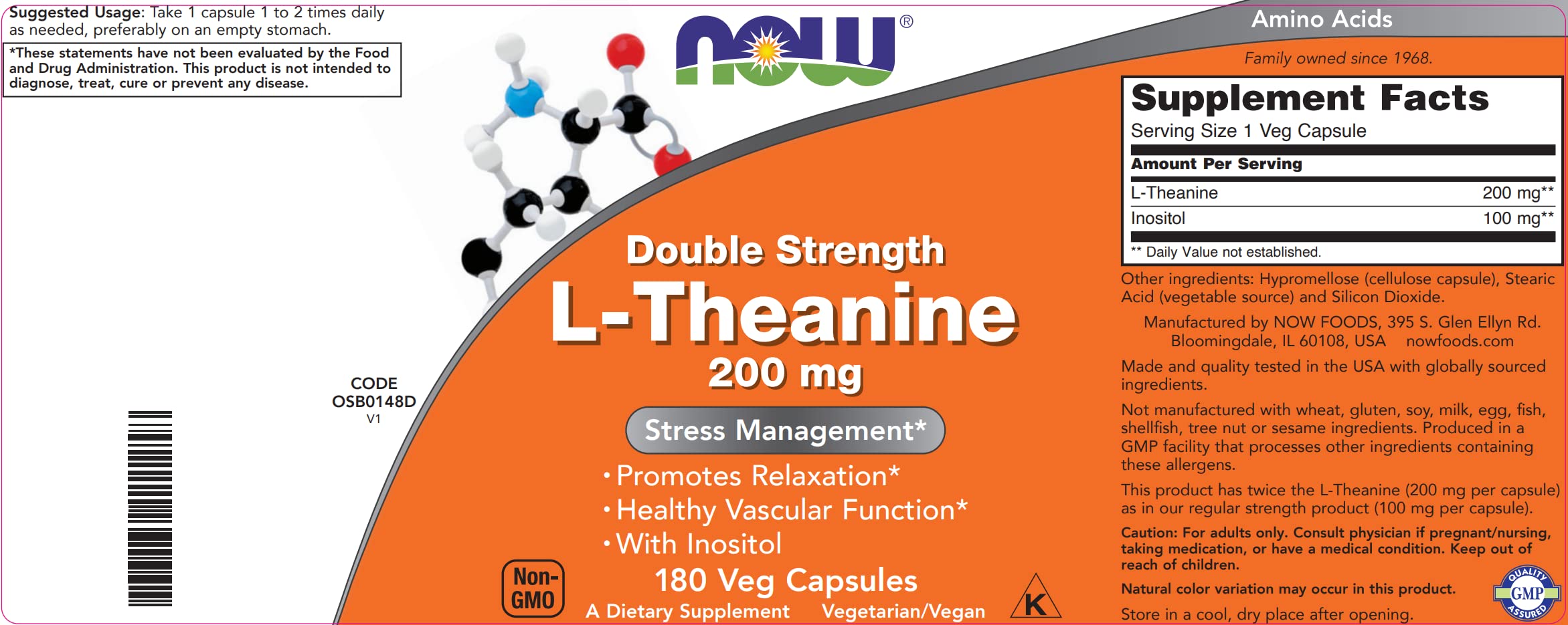 NOW Foods L-Theanine 200 mg 180 Veg Capsules opened bottle