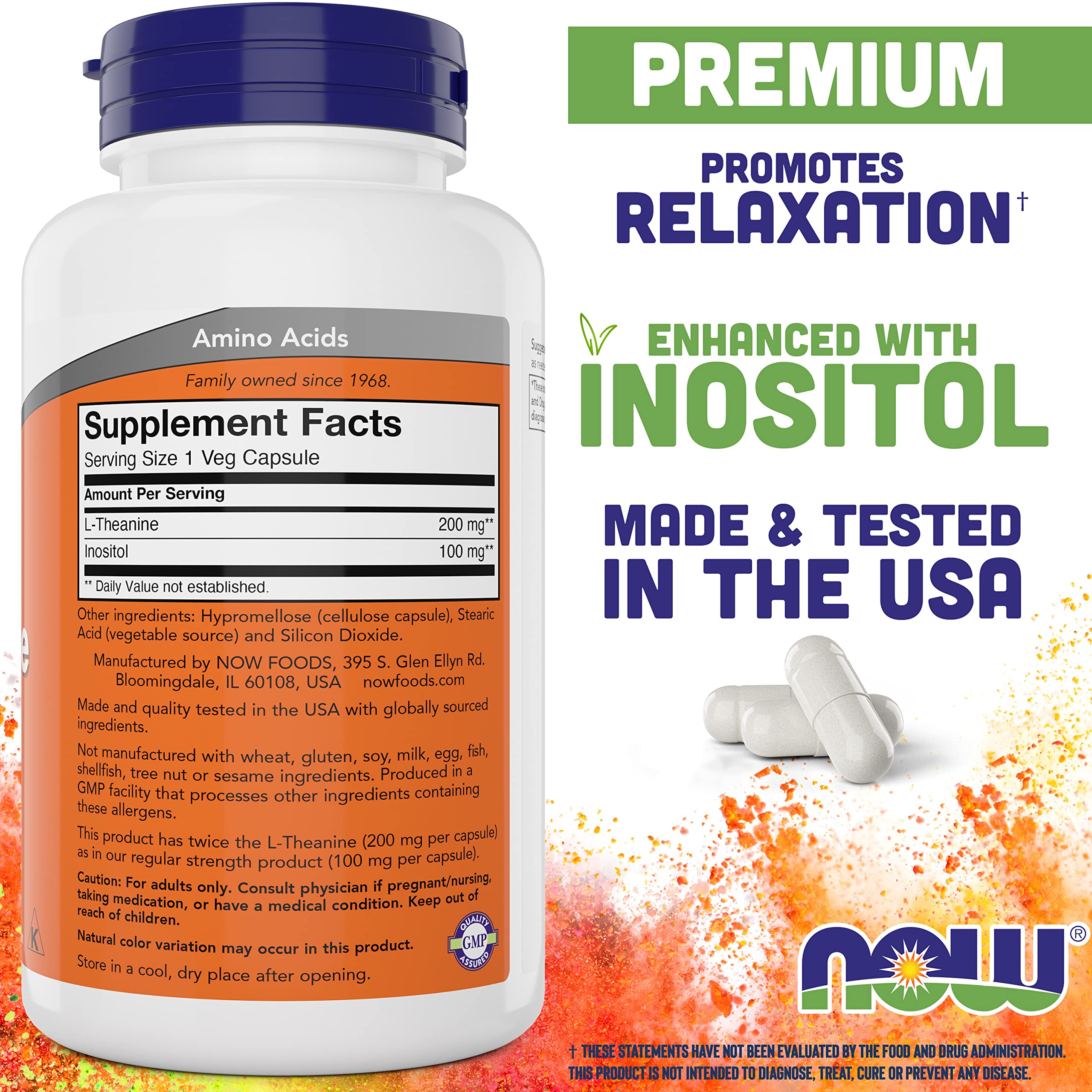 NOW Foods L-Theanine 200 mg 180 Veg Capsules side view