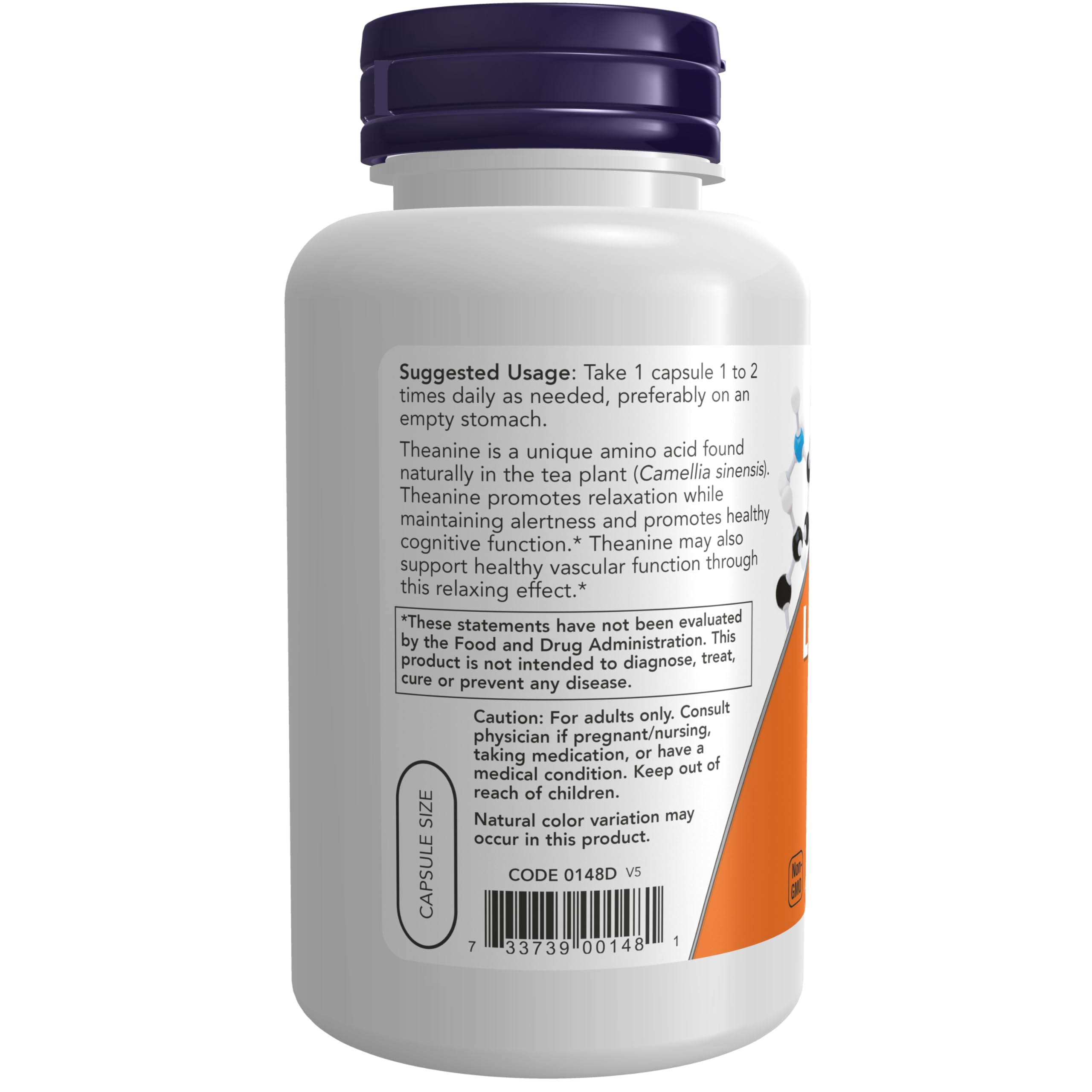 NOW Foods L-Theanine 200mg Veg Capsules back view
