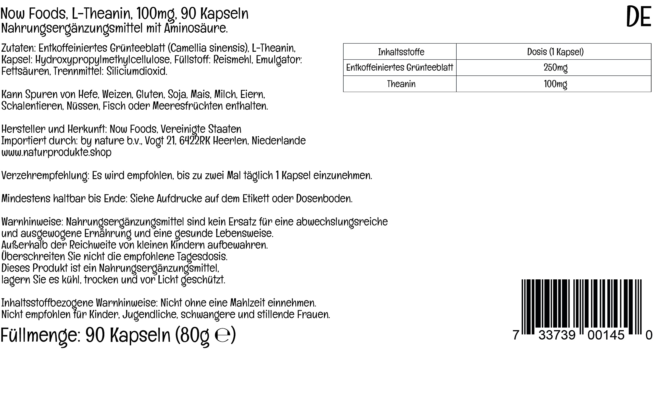NOW Foods L-Theanine Double Value Pack side view showing ingredients