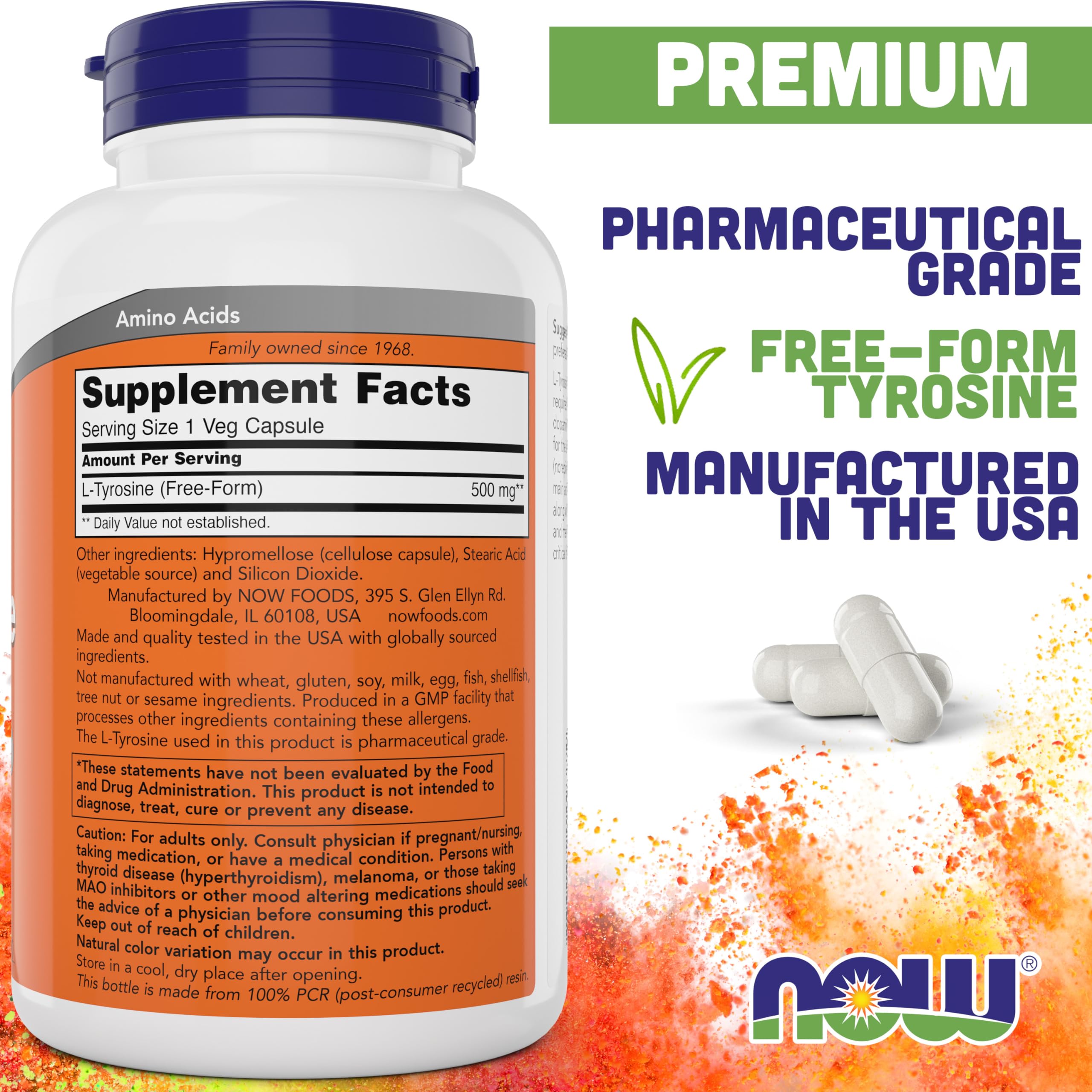 NOW Foods L-Tyrosine 500mg 300 Capsules side view