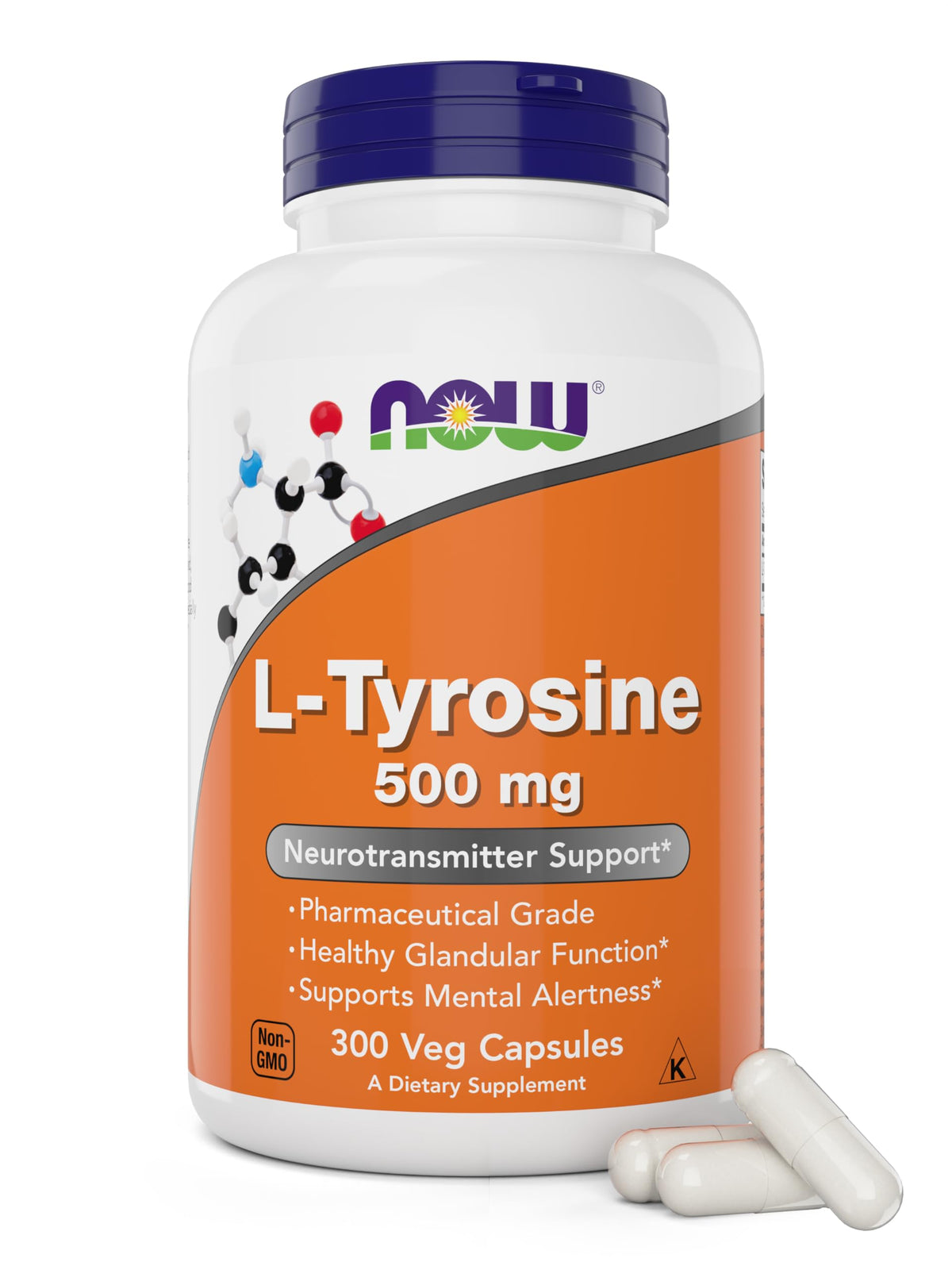 NOW Foods L-Tyrosine 500mg Capsules 300 Count front view