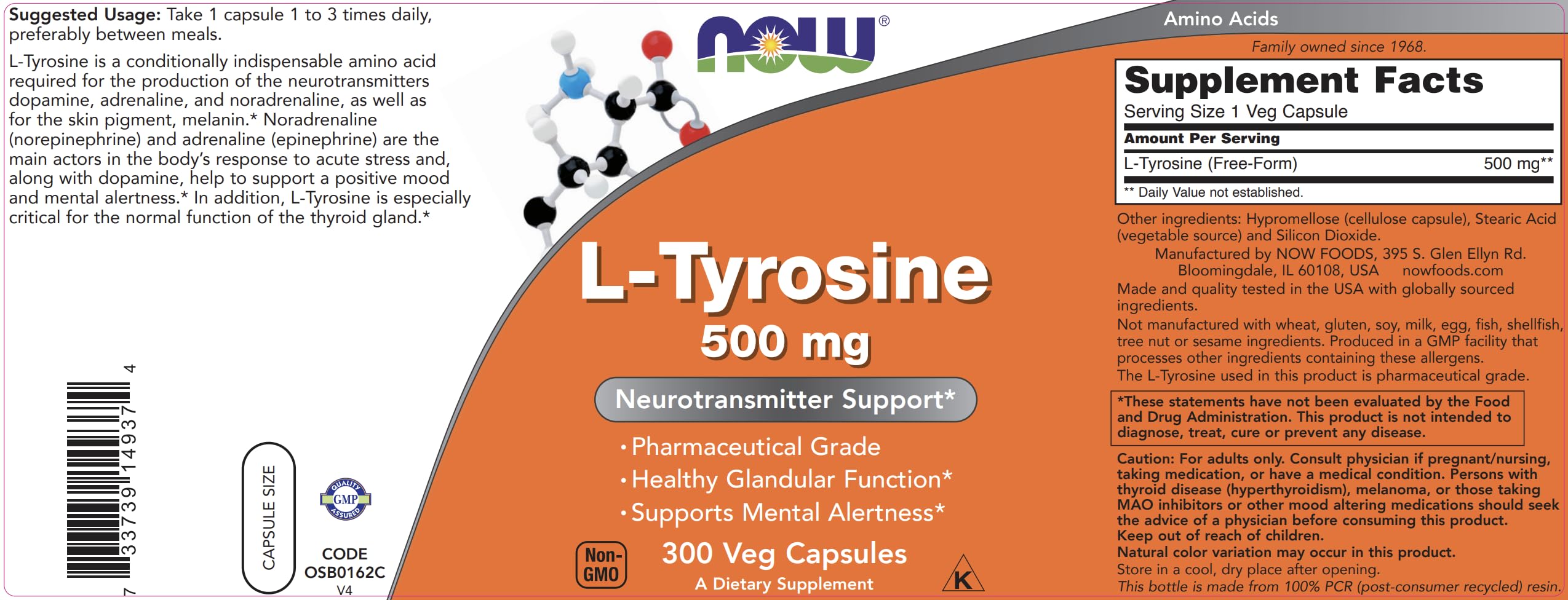 NOW Foods L-Tyrosine 500mg capsules in hand