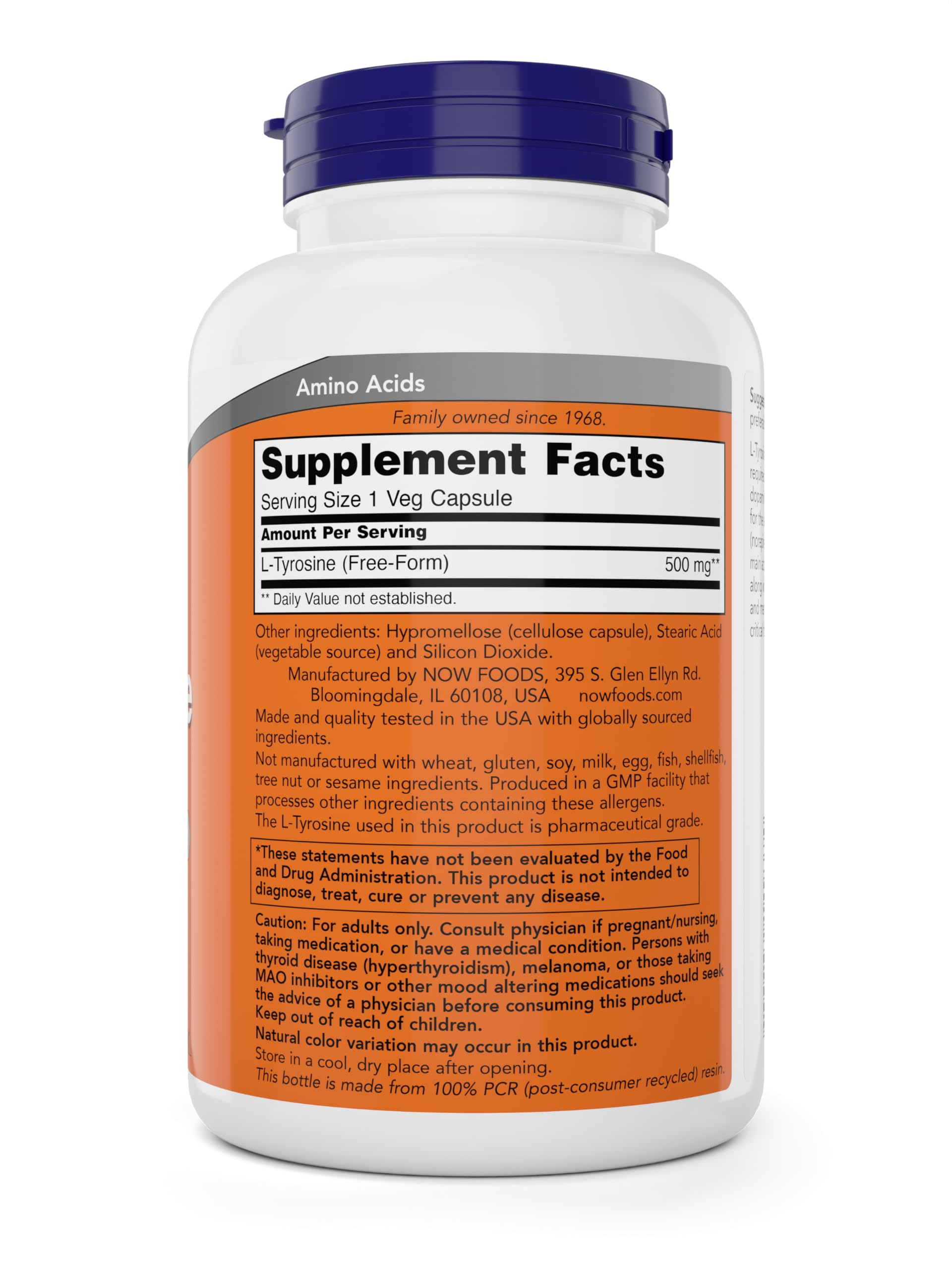 NOW Foods L-Tyrosine 500mg Capsules side view
