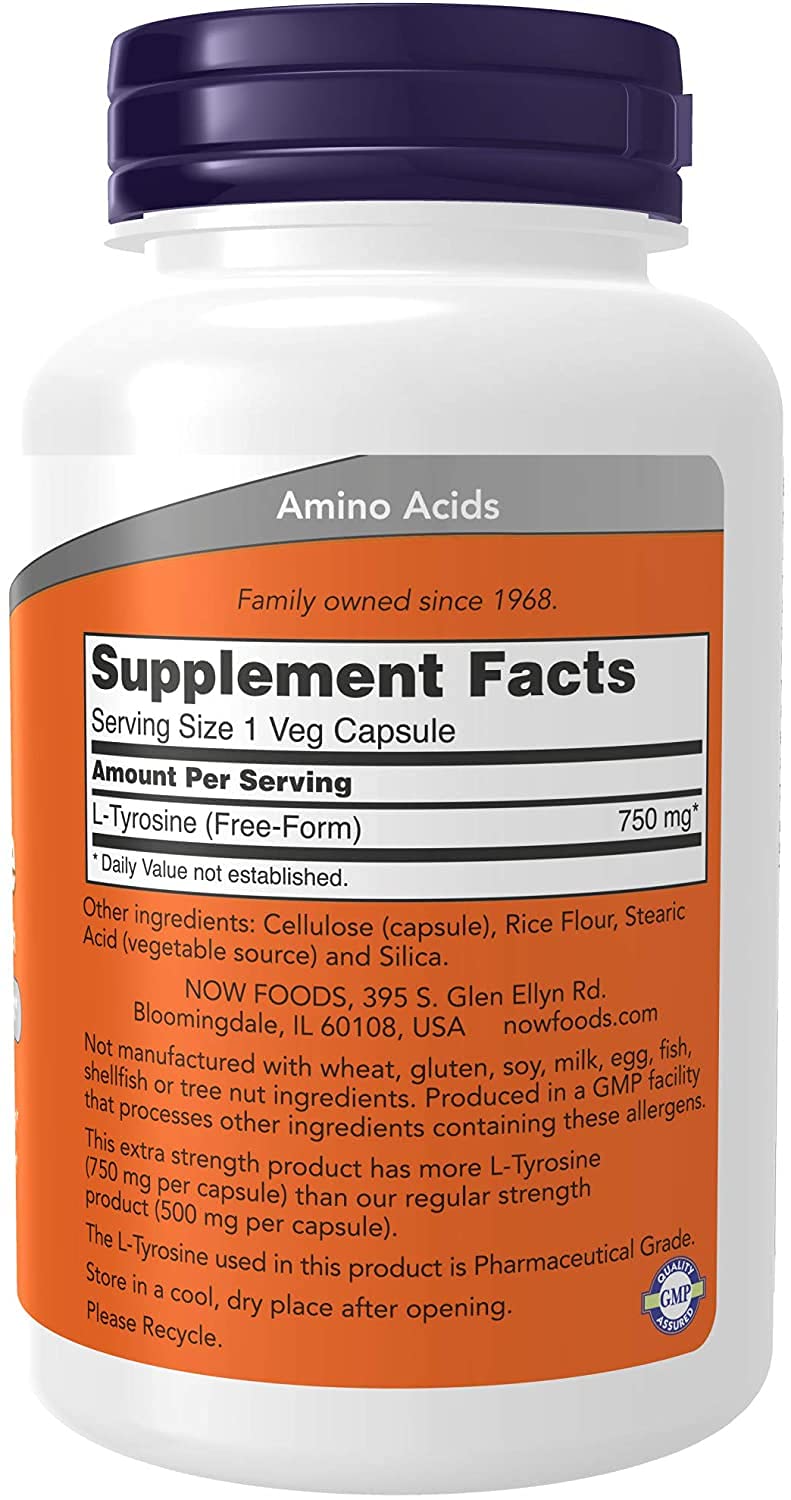NOW Foods L-Tyrosine 750 mg capsules close-up