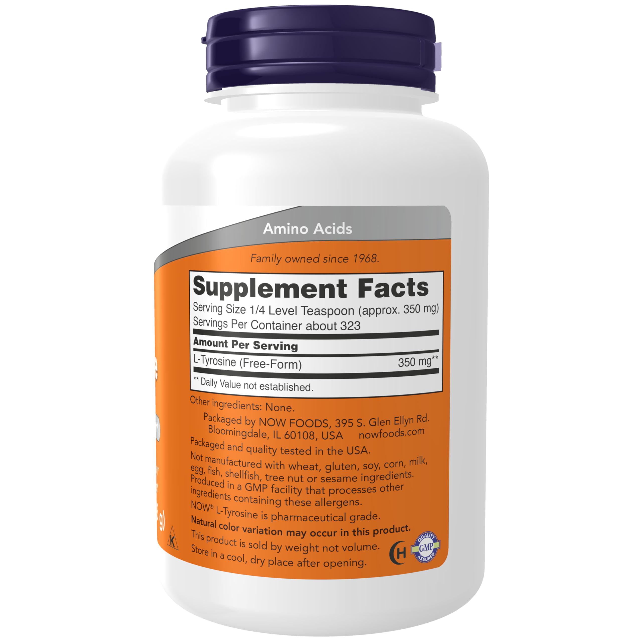 NOW Foods L-Tyrosine Pure Powder 350mg back view with ingredients