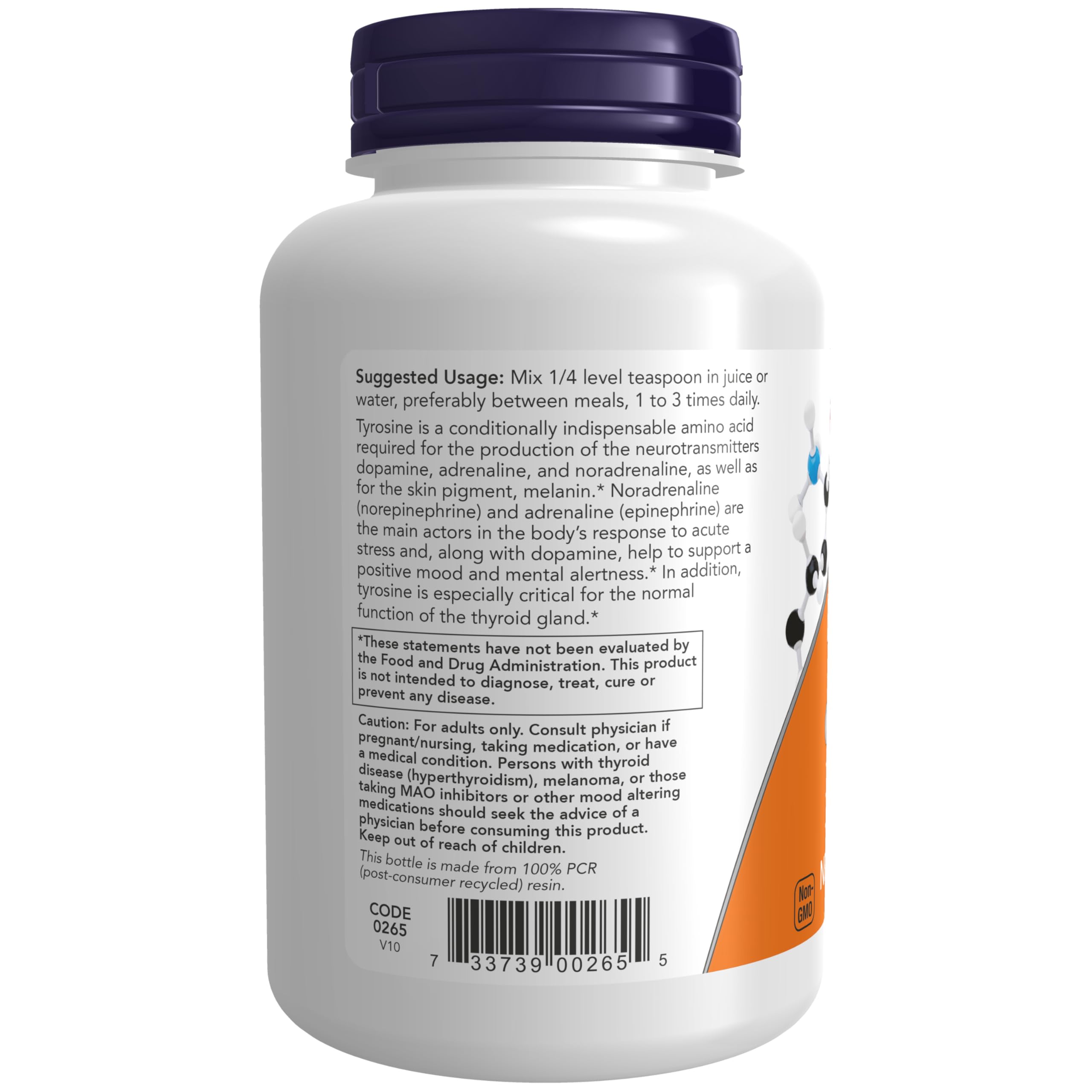 NOW Foods L-Tyrosine Pure Powder 350mg side view showing packaging
