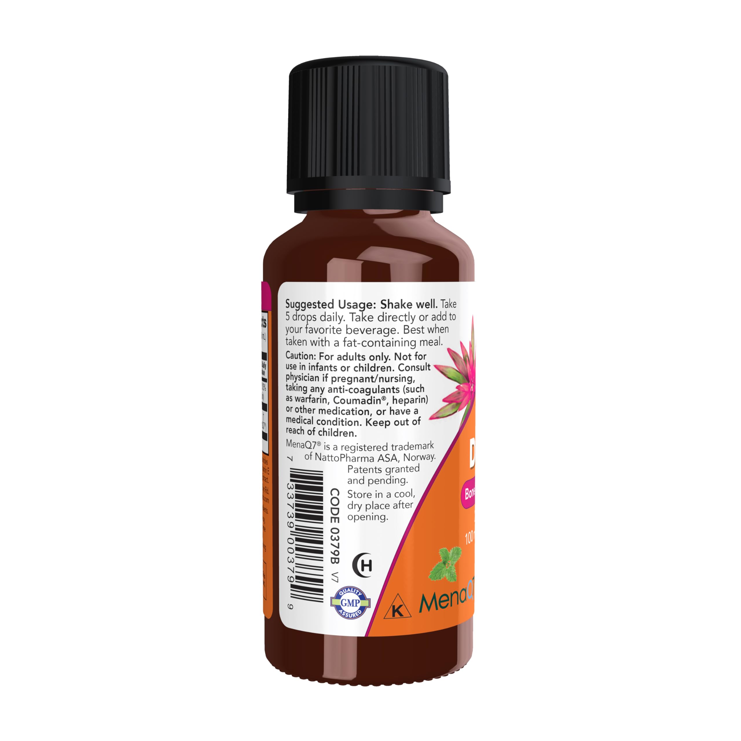 NOW Foods Liquid D3 & MK-7 mint flavour drops in a spoon