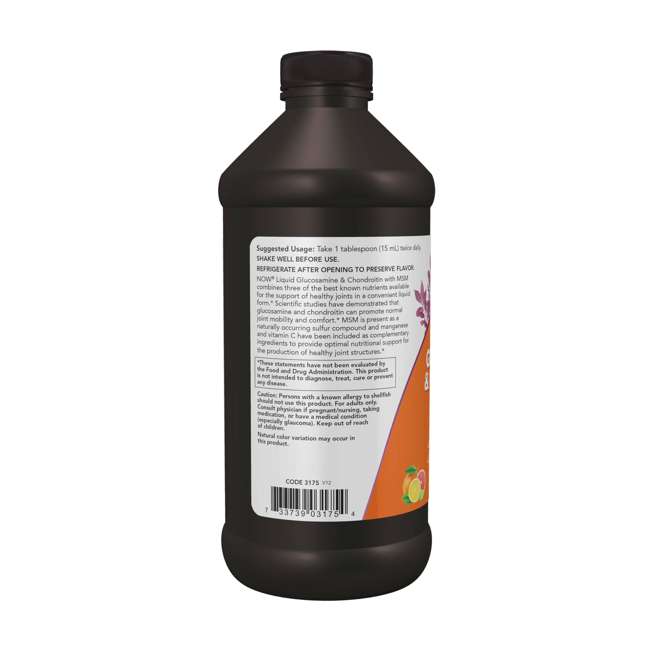 NOW Foods Liquid Glucosamine & Chondroitin back view with ingredient list